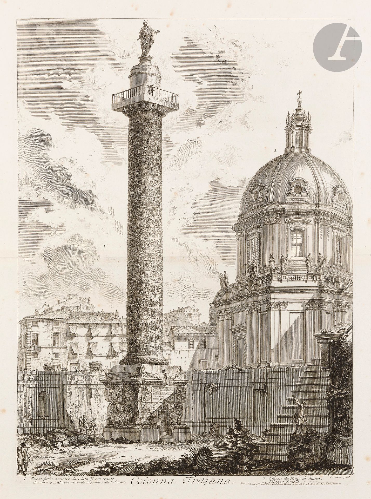 Giambattista Piranesi (1720-1778)
Colonna Trajana (Trajan Column). (Pl. des Vedute di Roma). 1758. Etching and burin. 410 x 555. Hind 51. Fine proof on strong white laid paper, from the 4th state (of 7), before price erasure and before the number in the upper right-hand corner. Extensive light foxing. Short tears at edges. Heavy dusting at head and foot. Normal median horizontal fold, fractured, summarily consolidated on verso, with trace of old oxidized adhesive. Gummed kraft strips at head and foot of verso. Full margins. Roman print. 

Provenance: Michel Romand (1929-2013), great-grandson of Edmond Sagot (1857-1917).