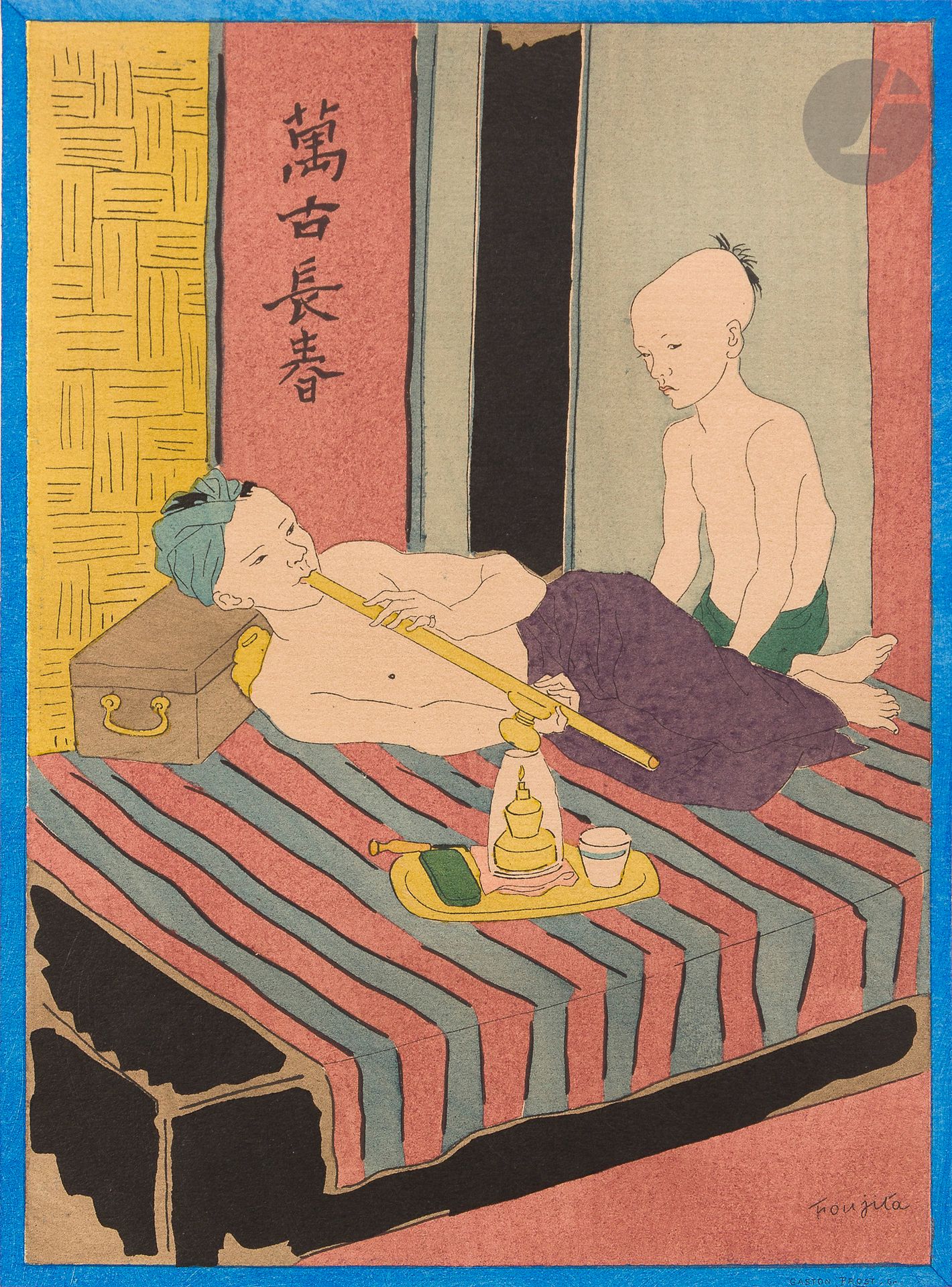 Léonard Tsuguharu Foujita (1886-1968) (d’après)
Foujita – Propos d’un intoxiqué – Seize aquarelles pour le livre de J. Boissière. Paris, Javal et Bourdeaux, 1928. Un vol. in-4 [235 x 295] contenant la réunion de 4 suites additionnelles des 16 sujets en 4 états : 1 en couleurs sur annam ; 1 du trait en noir sur annam ; 1 en couleurs sur vélin ; 1 du trait en noir sur japon ancien, sous deux chemises imprimées. Lithographie par G. Prost et coloris par Jacomet. Buisson 28-205. Très belles épreuves. Petites rousseurs aux chemises. Tirage à 25 exemplaires (outre le tirage à 97 ex. de l’ouvrage), celui-ci numéroté « XXVIII ». Cartonnage et étui verts de l’édition, ce dernier avec étiquette imprimée sur le plat supérieur (défraîchis).