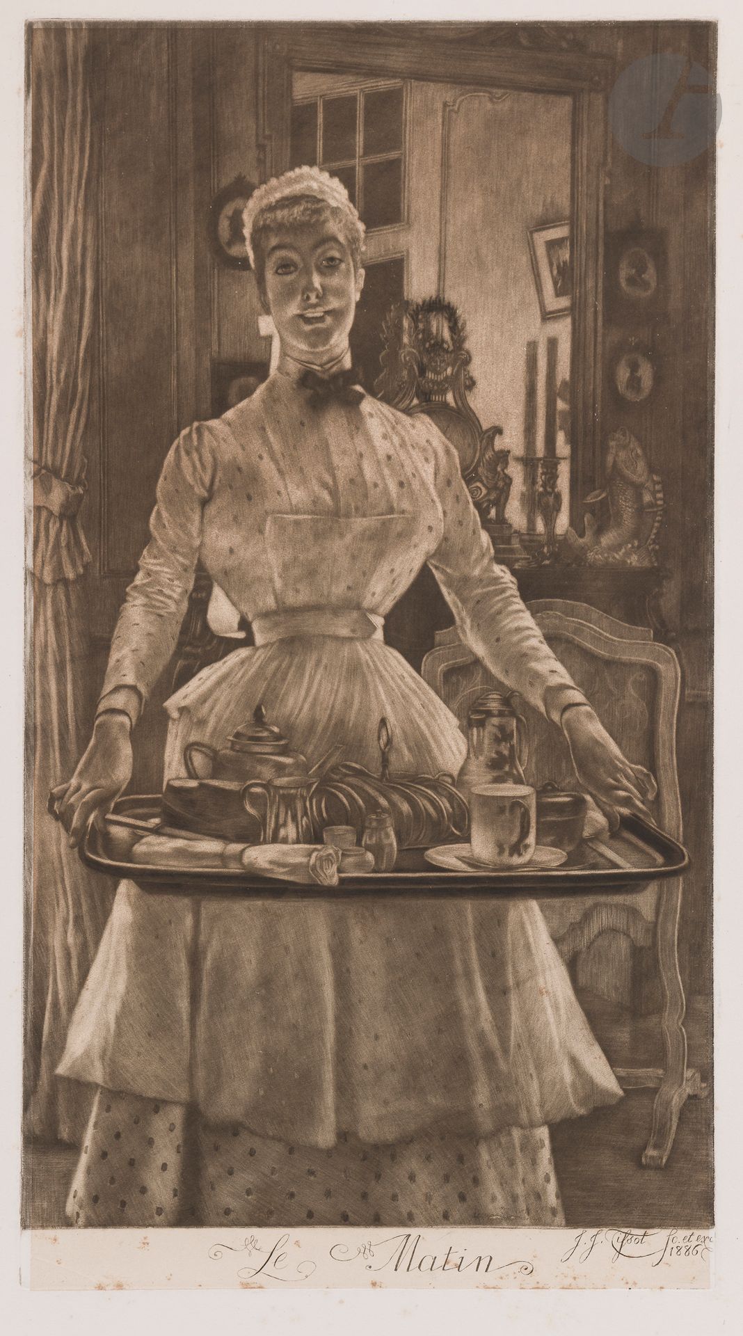 James-J.-J. Tissot (1836-1902)
Le Matin. 1886. Manière noire. 258 x 485. Wentworth 82. Très belle épreuve sur chine appliqué. Rousseurs éparses, notamment dans la tablette. Toutes marges.