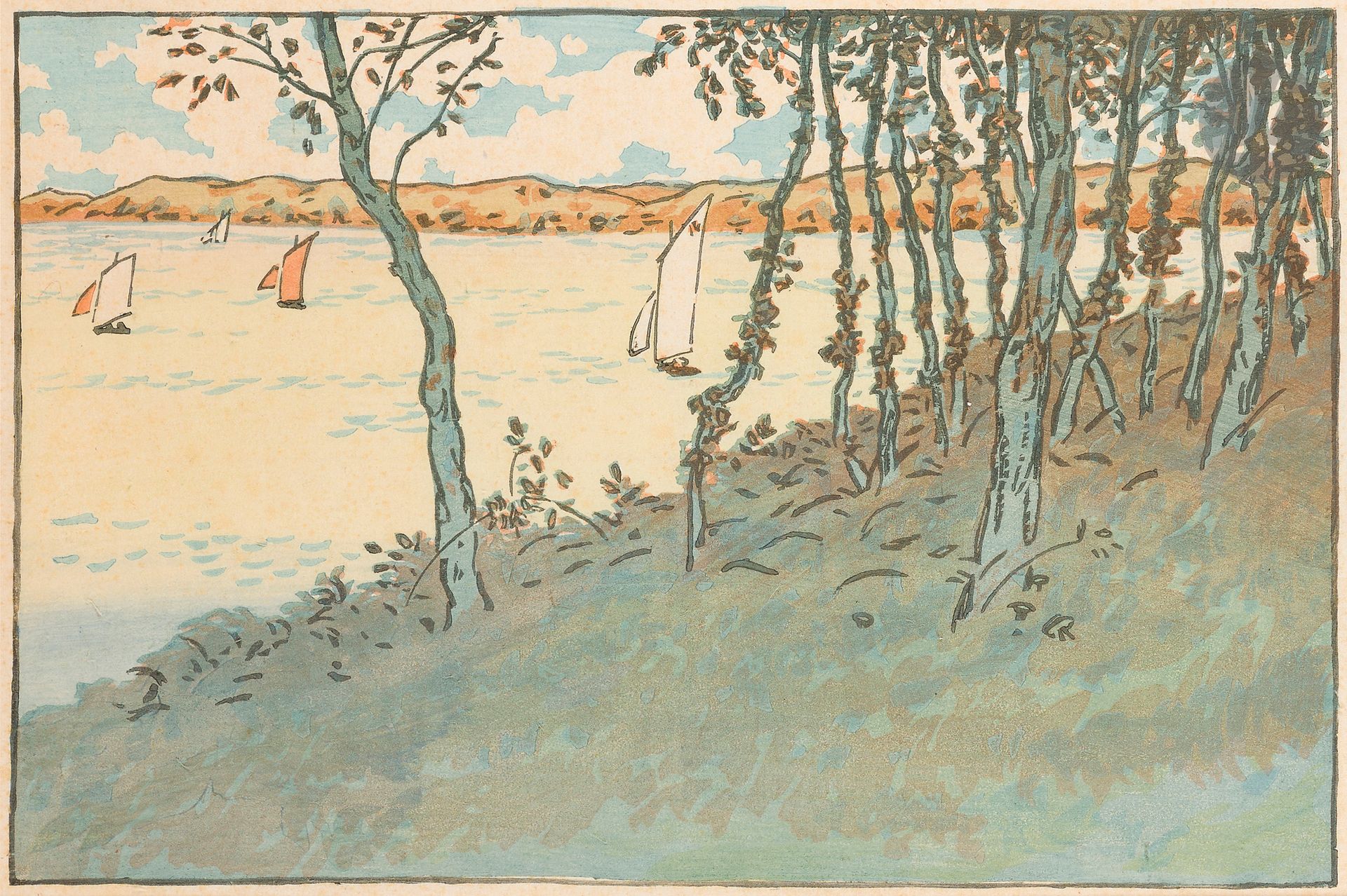 Henri Rivière (1864-1951)
Lancieux (Saint-Briac). 1891. Bois gravé. 342 x 225. Levasseur-Le Bohec 20. Impression en couleurs à l’eau à la manière japonaise. Très belle épreuve sur japon vergé mince. Rousseurs claires éparses. Toutes marges. Rare. Tirage à 20 épreuves. 

Provenance :  Michel Romand (1929-2013), arrière-petit-fils d’Edmond Sagot (1857-1917).