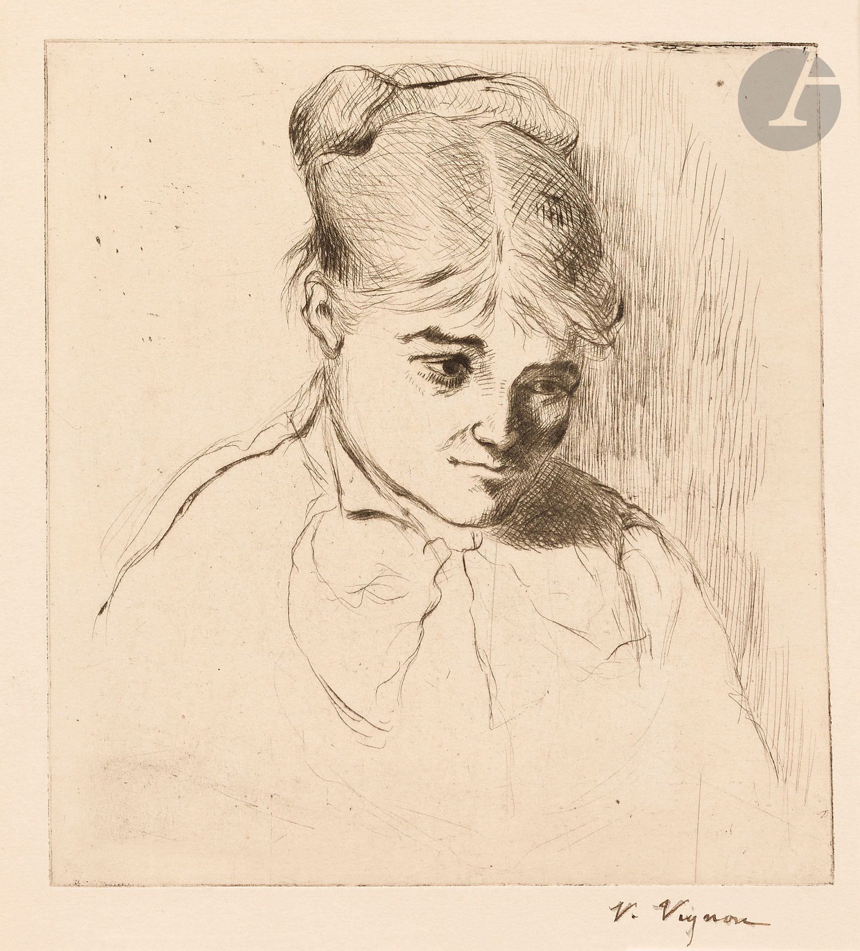 Victor Vignon (1847-1909)
Studies of women. Circa 1880. Etching; drypoint. Various formats. Very fine proofs on laid paper or cream vellum, signed in pen or pencil, 3 annotated in pencil. Full margins. Very rare. Edition of 5 or 10 proofs. Set of 4 p. 

Provenance: Michel Romand (1929-2013), great-grandson of Edmond Sagot (1857-1917).