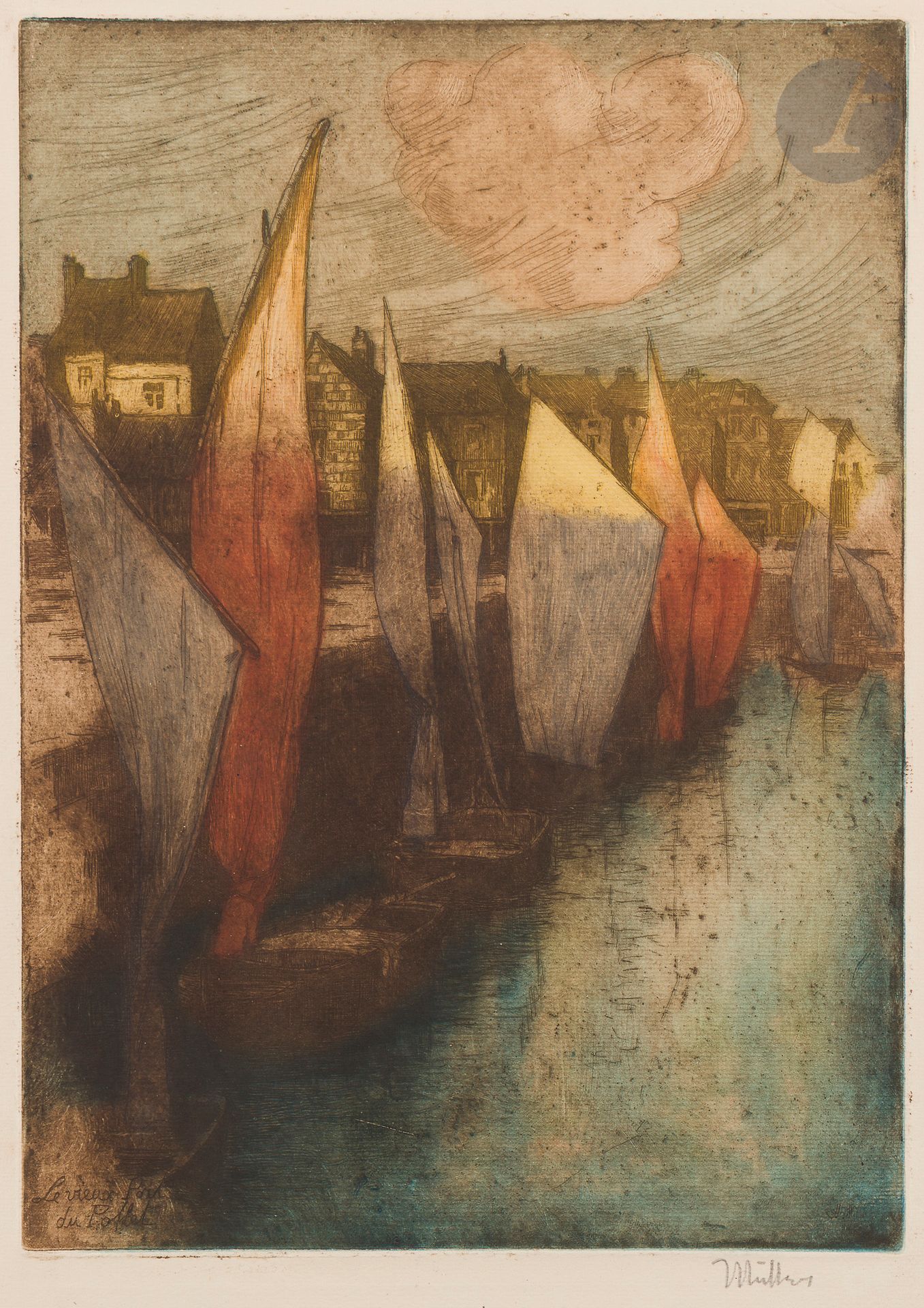 Alfredo Müller (1869-1940)
Le Vieux port du Pollet à Dieppe. 1900. Eau-forte et aquatinte. 250 x 345. Koehl E68. Impression en couleurs. Très belle épreuve sur vergé, signée au crayon. Légères rousseurs et traces d’oxydation. Toutes marges. Tirage à 40 épreuves. Timbre sec : Ed. Sagot éditeur (Lugt 2254). 

Provenance :  Michel Romand (1929-2013), arrière-petit-fils d’Edmond Sagot (1857-1917).