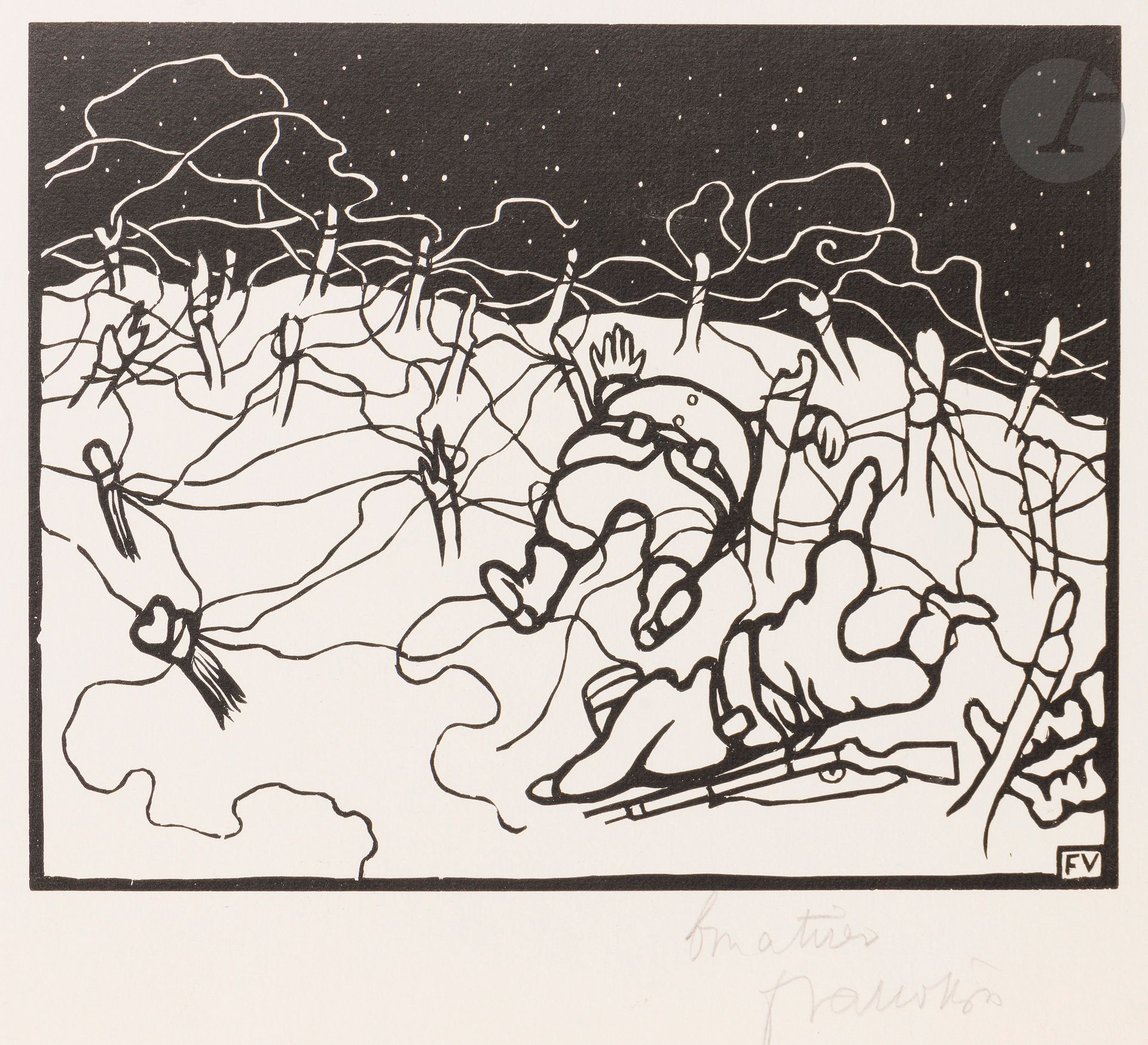 Félix Vallotton (1865-1925)
Les Fils de fer (Pl. III for the album C'est la guerre). 1916. Woodcut. 224 x 175. Vallotton and Goerg 214. Very fine and fresh proof on white vellum, annotated "bon à tirer" and signed in pencil. Full margins. Final edition of 100 proofs. 

Provenance: Michel Romand (1929-2013), great-grandson of Edmond Sagot (1857-1917).