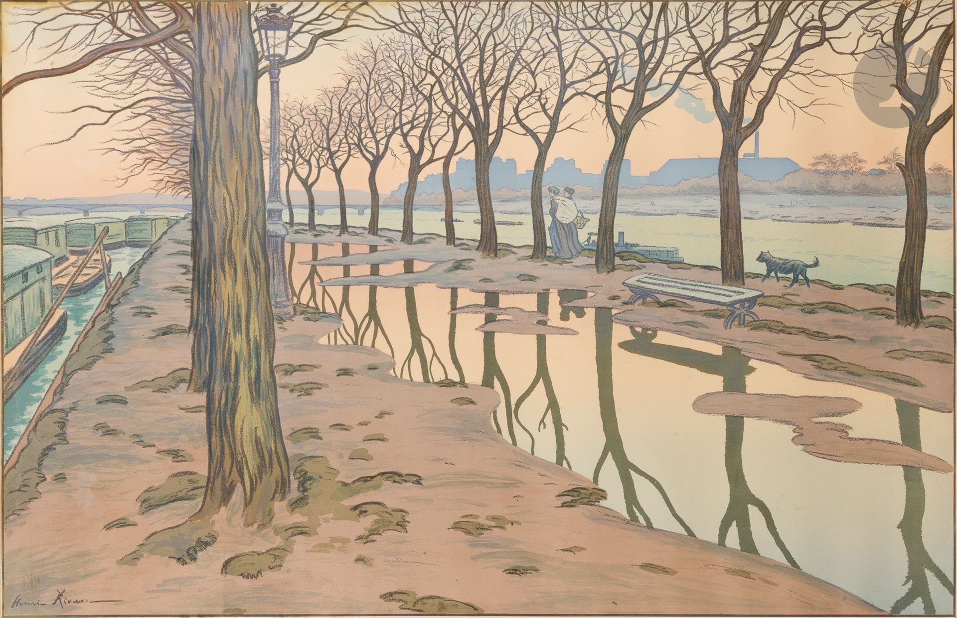 Henri Rivière (1864-1951)
L’Île des Cygnes. (Paysages parisiens, pl. 1). 1900. Lithographie. 818 x 530. Levasseur-Le Bohec 18. Impression en couleurs. Épreuve sur vélin glacé ivoire, rognée au trait carré et collée par les bords sur carton.