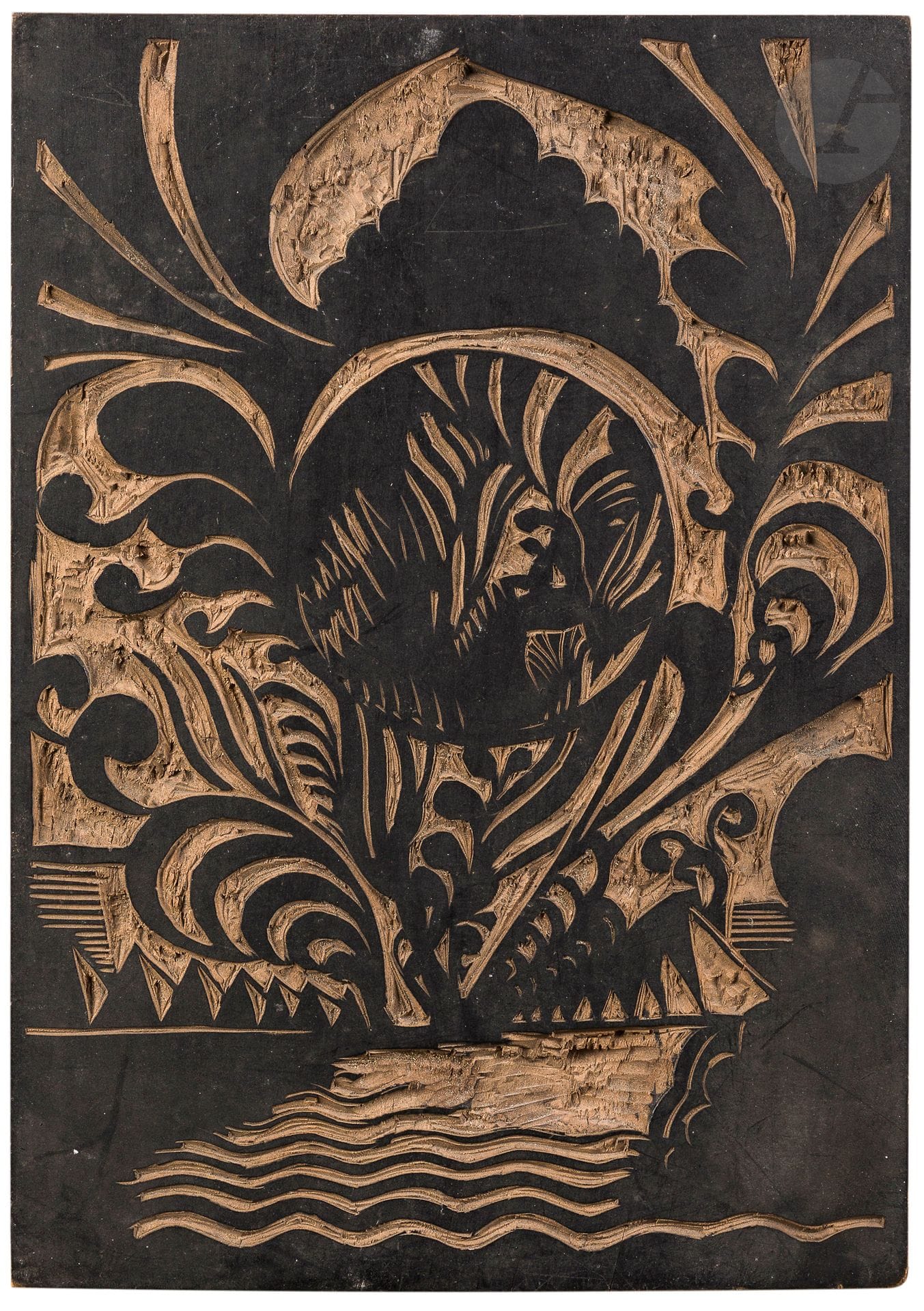 Joseph (Józef) Hecht (Polish, 1891-1951)
World War; Two tigers. Circa 1916-1917. Wood block engraved on both sides, with an engraved subject on each side. 195 x 285. Plumart, Tonneau-Ryckelynck 23 and 32. Inked. 

According to Plumart and Tonneau-Ryckelynck, the print run is announced as 30 proofs, but was probably not realized.