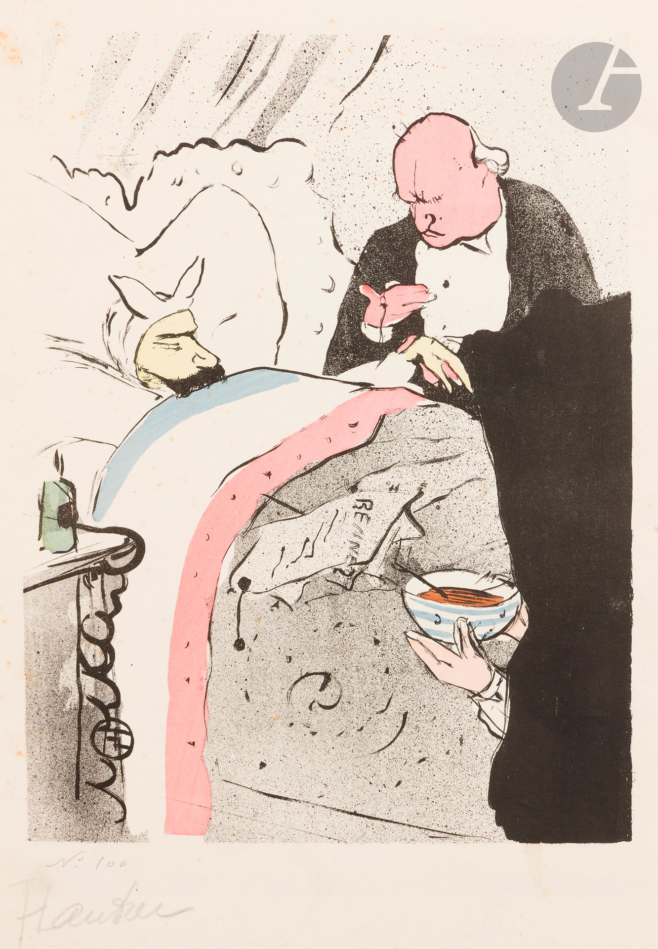 Henri de Toulouse-Lautrec (1864-1901)
Carnot malade ! 1893. Lithographie et coloris au pochoir. 185 x 240. Delteil 25 ; Wittrock 12. Très belle épreuve sur vélin glacé, du 1er tirage à 100 épreuves, numérotée (n° 100) et signée au crayon. Petites rousseurs claires et légères ondulations aux bords. Toutes marges. 

Provenance :  Michel Romand (1929-2013), arrière-petit-fils d’Edmond Sagot (1857-1917).