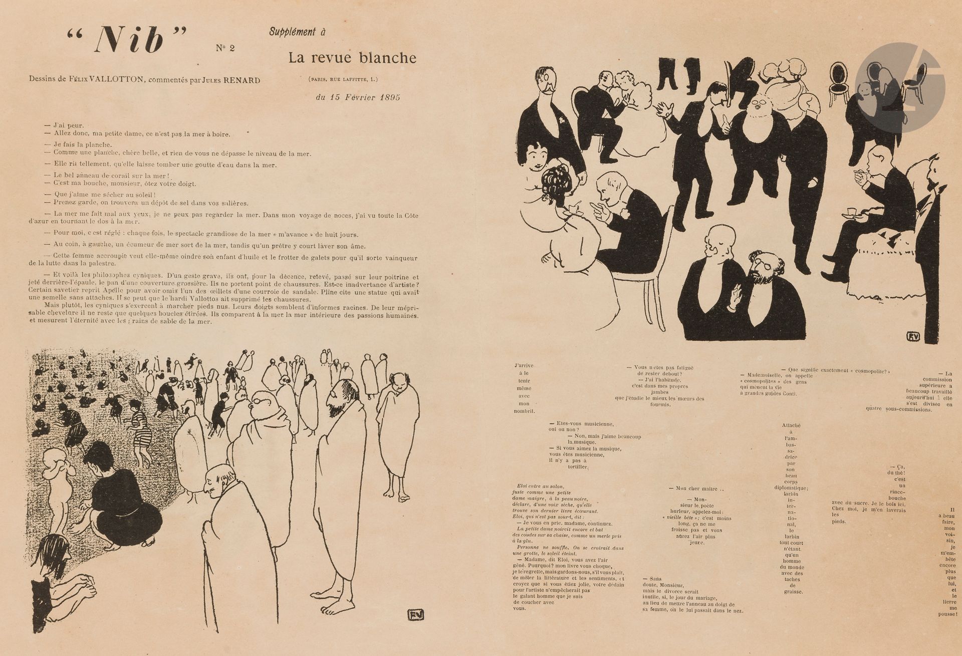 Félix Vallotton (1865-1925)
Nib, n° 2, supplément à La Revue blanche, 15 février 1895. Un feuillet in-4 [503 x 350] recto-verso illustré de dessins de F. Vallotton, texte de Jules Renard. Procédé photomécanique et typographie. Pli vertical médian normal. Toutes marges.