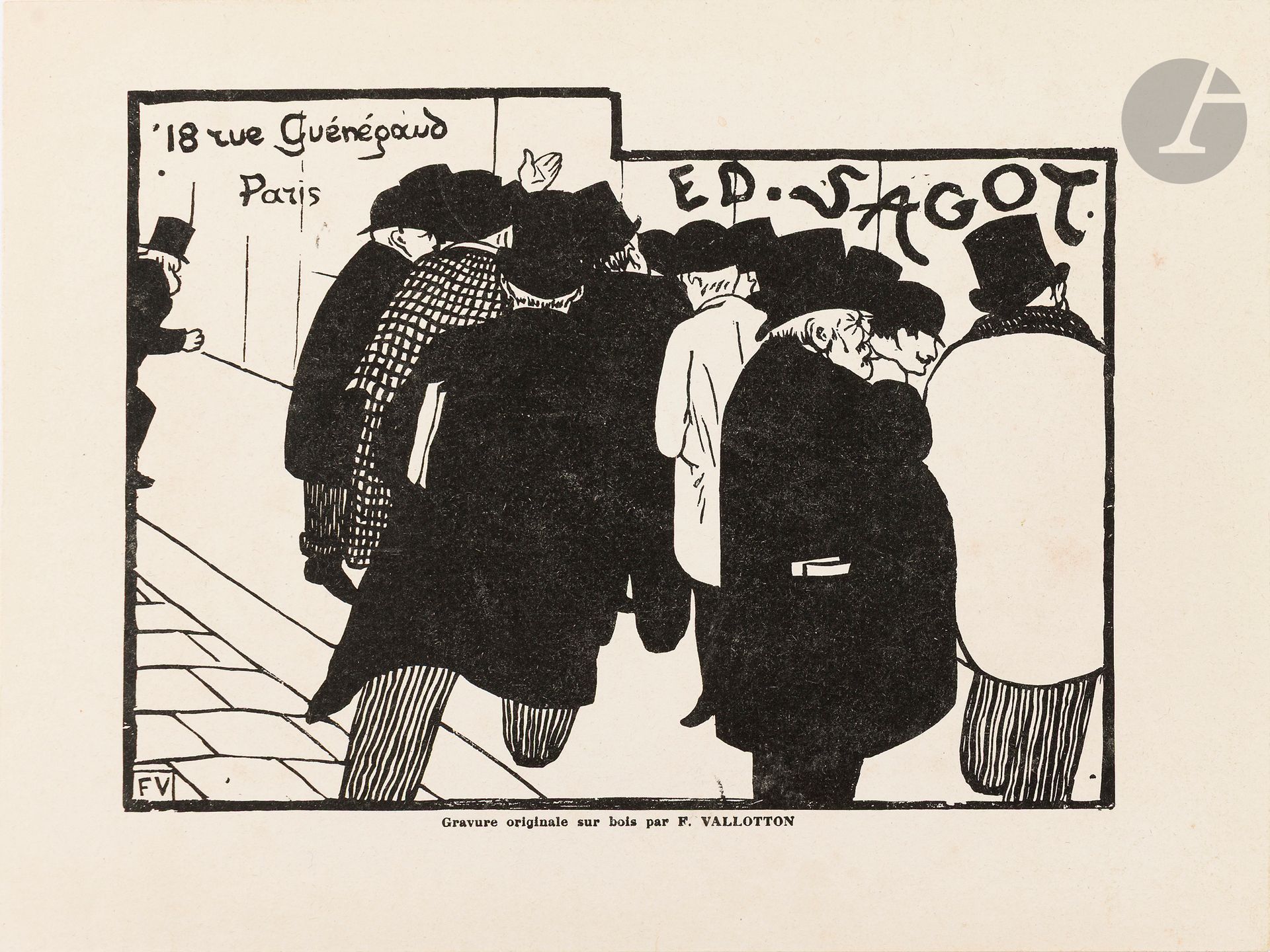 Félix Vallotton (1865-1925)
Les Amateurs d'estampes. Address card for Edmond Sagot. 1892. Original woodcut. 252 x 185. Vallotton and Goerg 107 c. Very fine proof on buff glazed vellum, finely lined on strong white vellum and canvas-backed. Full margins.
