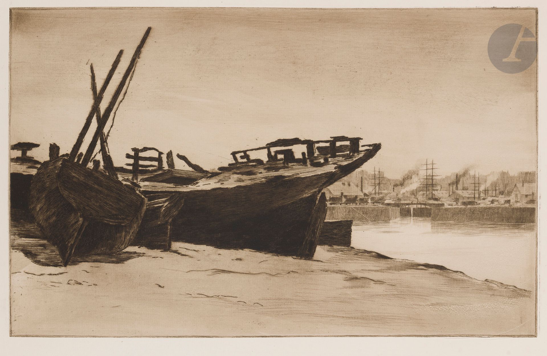 Henri Guérard (1846-1897)
Épaves au Pollet (Dieppe). Avant 1888. Pointe sèche d’après le tableau de l’artiste. 476 x 295. Beraldi 425 ; Bertin 220. Très belle épreuve tirée en noir bistré sur vergé crème. Rousseurs claires et très légère oxydation aux bords. Toutes marges.