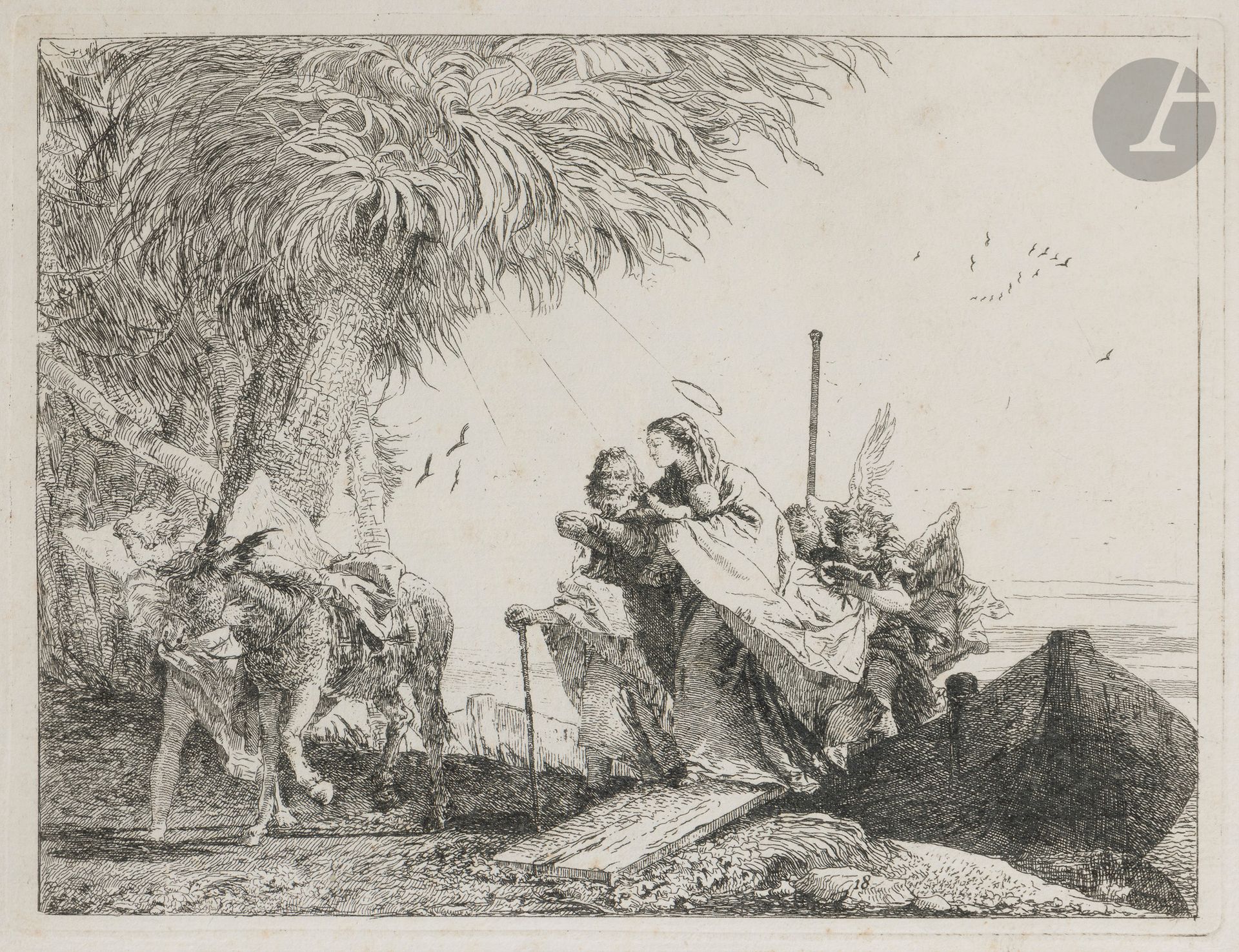 Giovanni Domenico Tiepolo (1727-1804)
Marie quittant la barque, aidée par saint Joseph et par un ange. (Pl. 18 de Idées pittoresques sur la Fuite en Égypte). Vers 1753. Eau-forte. 245 x 186. De Vesme 18 ; Rizzi 80. Très belle épreuve sur vergé, avec le numéro. Rousseurs claires éparses. Marges. Cadre (non examinée hors du cadre). 

Provenance :  Michel Romand (1929-2013), arrière-petit-fils d’Edmond Sagot (1857-1917).