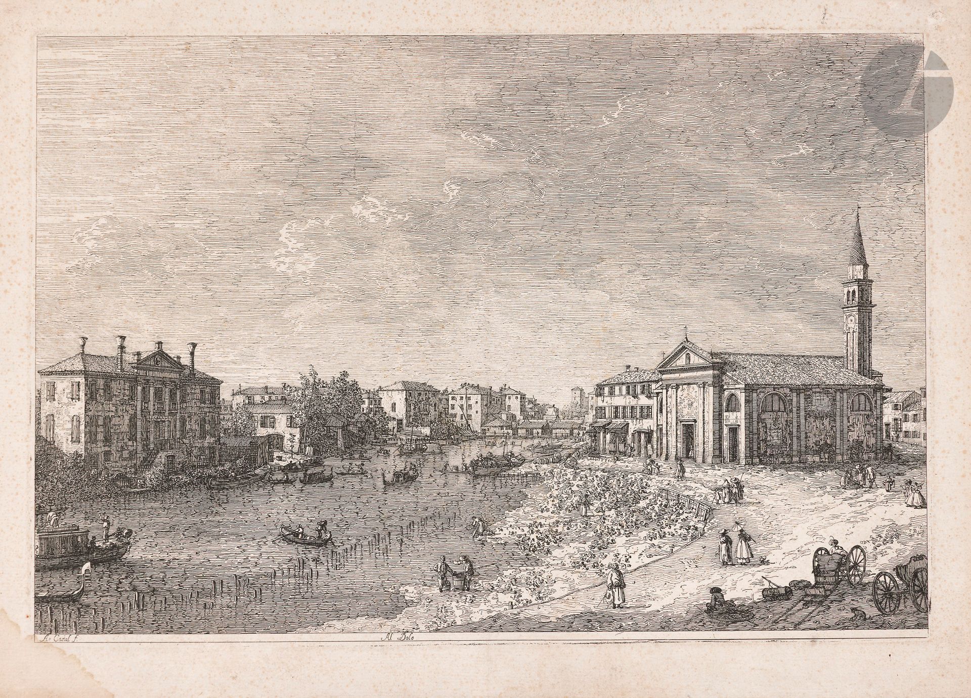 Canaletto (Antonio Canal, dit) (1697-1768)
Al Dolo (l’église de Dolo, dédiée à Saint-Roch, sur la berge de la Brenta, face à la villa Zanon-Bon). 1735-1746. Eau-forte. 436 x 302. Bromberg 4. Belle épreuve sur vergé, doublée sur carton, du 2e état (sur 3), avant l’ajout des lettres gravées « FF3 » en bas à droite. Semis de petites rousseurs claires. Petite auréole d’humidité dans l’angle inférieur gauche. Belles marges [480 x 352].