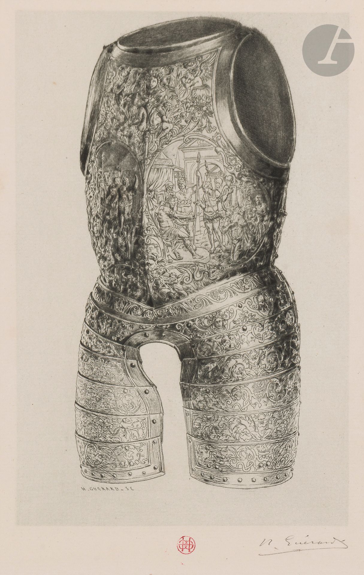 Henri Guérard (1846-1897)
Armure de Henri II. Avant 1888. Pointe sèche. 155 x 235. Beraldi 498 ; Bertin 584. Très belle épreuve tirée en noir bleuté sur vergé crème, timbrée (Lugt 1157) sous le sujet au centre et signée au crayon. Annotation au crayon le long du bord inférieur du feuillet : « Armure de Henri II – Musée du Louvre ». Oxydation aux bords du feuillet. Toutes marges.