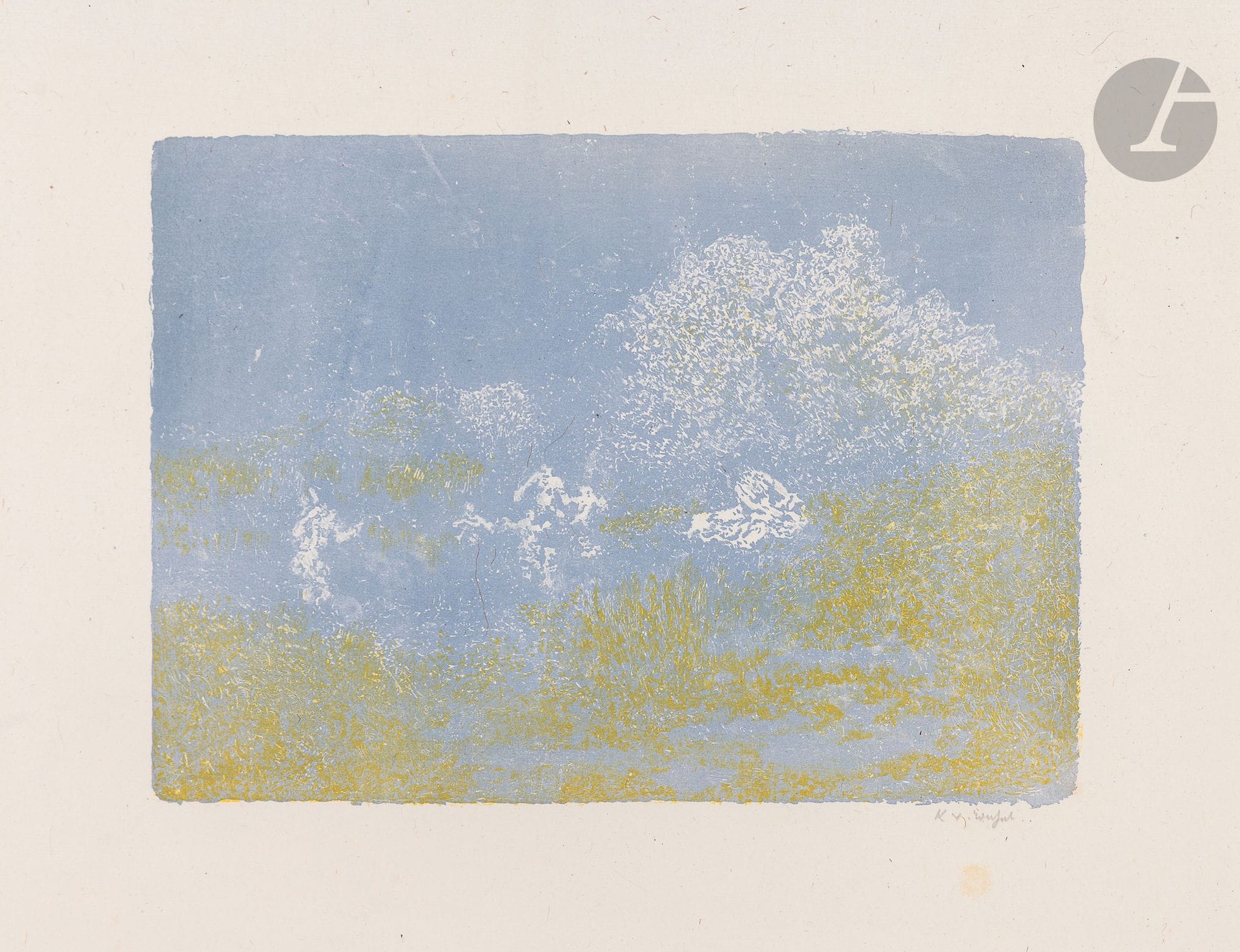 Ker-Xavier Roussel (1867-1944)
 Femmes dans la campagne. 1898. Autographie. 335 x 210. Salomon 19 ; Johnson 134-6. Impression en couleurs. Très belle et fraîche épreuve sur chine volant, signée au crayon. Courts plis de manipulation au bord droit du feuillet. Une rousseur circulaire très claire sous la signature. Quelques minuscules trous inhérents à la texture du papier (visibles uniquement par transparence). Toutes marges. Tirage à 100 épreuves. A. Vollard éd.