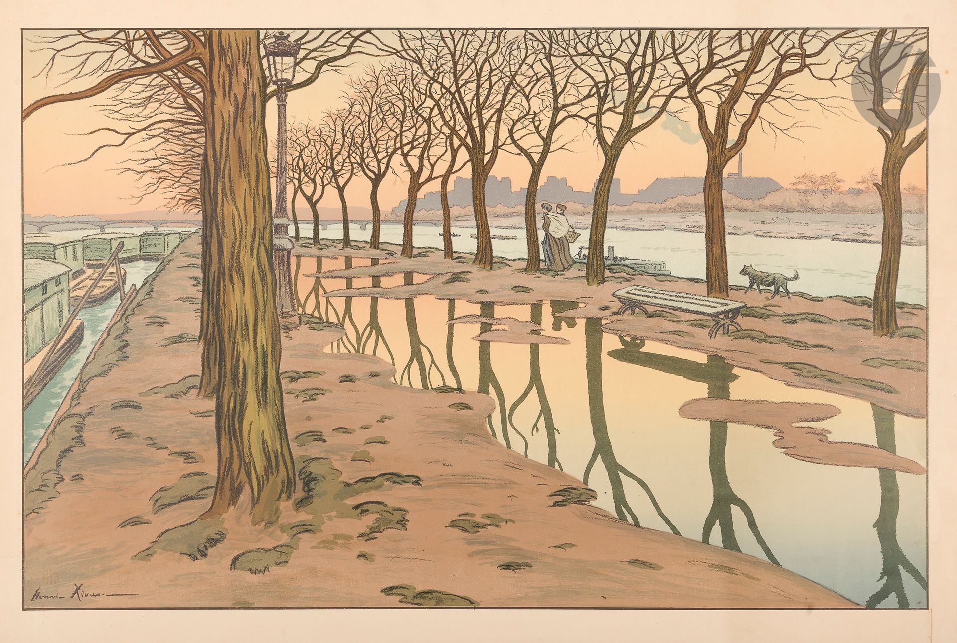 Henri Rivière (1864-1951)
L’Île des Cygnes. (Paysages parisiens, pl. 1). 1900. Lithographie. 818 x 530. Levasseur-Le Bohec 18. Impression en couleurs. Belle épreuve sur vélin glacé. Plusieurs déchirures aux bords du feuillet. Toutes marges [900 x 640].