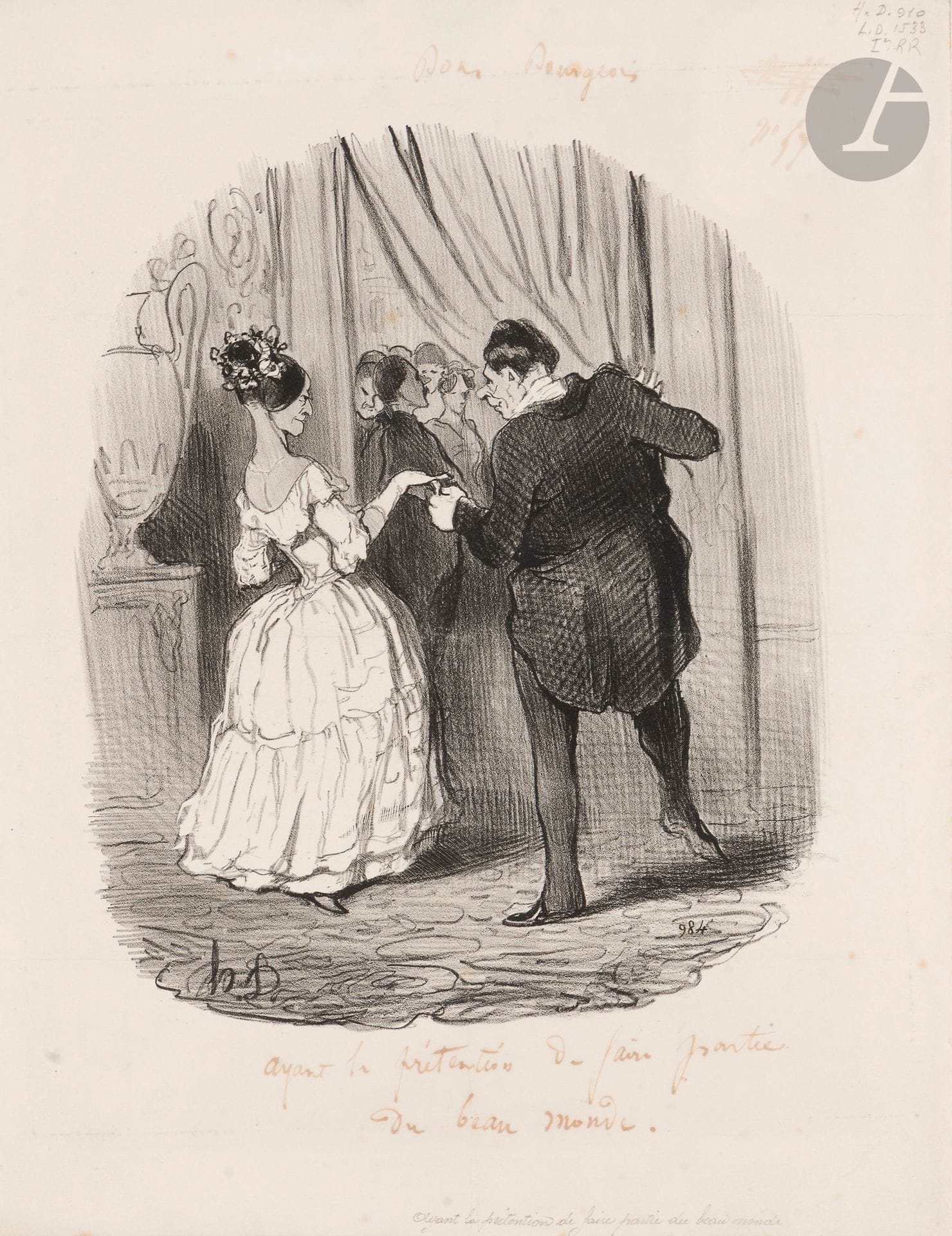 Honoré Daumier (1808-1879)
Ayant la prétention de faire partie du beau monde. (Les Bons bourgeois, pl. 57). 1847. Lithographie. 260 x 345. Delteil 1533. Très belle épreuve sur vélin blanc, du 1er état (sur 2), avant la lettre, cette dernière ajoutée à la plume et à l’encre sépia, ainsi que le titre de série et le numéro. (inscriptions légèrement passées). Quelques rousseurs claires. Minuscule manque dans l’angle inférieur gauche. Toutes marges. Très rare. 

Provenance :  Michel Romand (1929-2013), arrière-petit-fils d’Edmond Sagot (1857-1917).