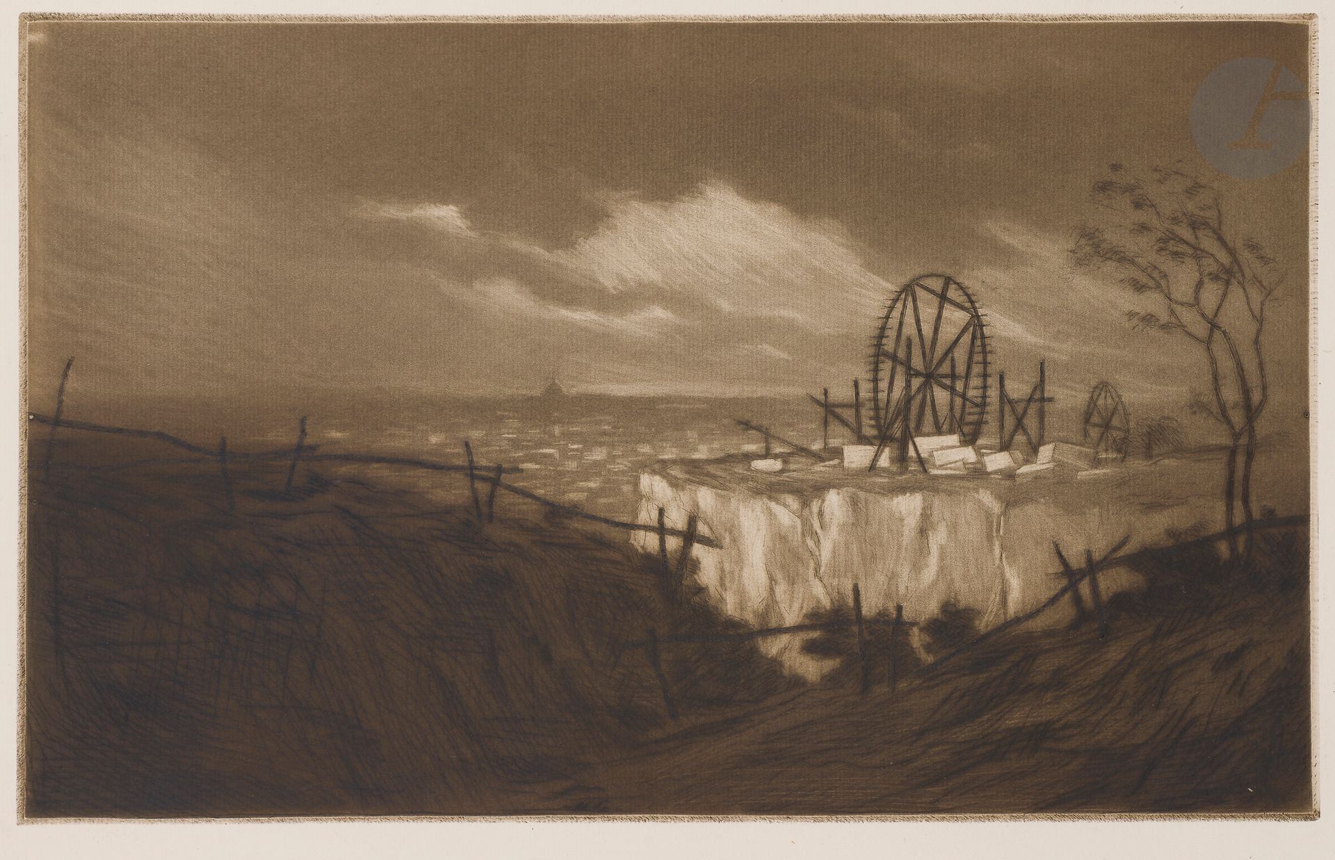 Henri Guérard (1846-1897)
Carrières à Vanves (Seine). Avant 1888. Pointe sèche et manière noire. 475 x 293. Bertin 275. Très belle épreuve tirée en noir bistré sur vergé crème. Toutes marges.