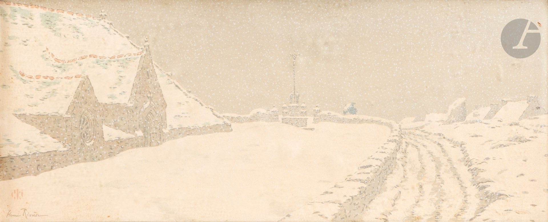 Henri Rivière (1864-1951)
La Neige (Notre-Dame de Port-Blanc, Penvénan). (Pl. de La Féerie des heures). 1901. Lithographie. À vue : 590 x 240. Levasseur-Le Bohec 75. Impression en couleurs. Belle épreuve sur vélin glacé ivoire. Rousseurs claires et traces d’oxydation. Pas de marges apparentes. Cadre (non examinée hors du cadre).
