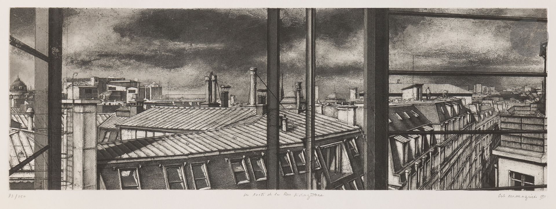Érik Desmazières (born 1948)
Les Toits de la rue Livingstone. 1991. Etching, aquatint and roulette. 445 x 150, Fitch 133. Very fine proof on white vellum, numbered, titled, signed and dated in pencil. Tiny brown spots at left edge. Full margins. Edition of 150 proofs. 

Provenance: Michel Romand (1929-2013), great-grandson of Edmond Sagot (1857-1917).