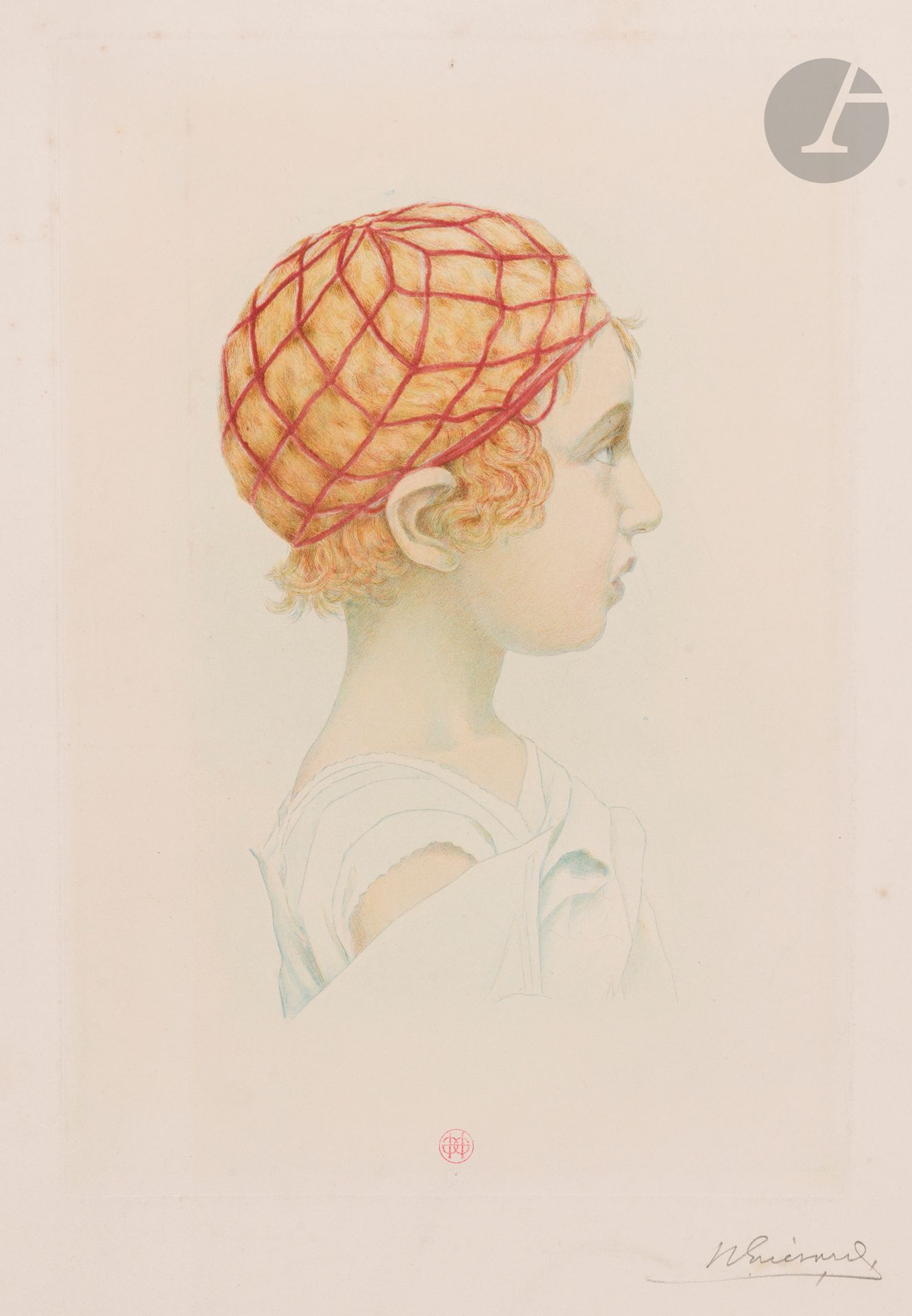 Henri Guérard (1846-1897)
Portrait de Jean-Raimond Guérard à la résille, ou Jean au filet. Vers 1892. Eau-forte. 162 x 239. Bertin 5. Impression en couleurs. Très belle épreuve et rare épreuve sur vélin blanc fort, signée au crayon et timbrée (Lugt 1157) dans le sujet en bas au centre. Léger empoussiérage, trace d’oxydation et rousseurs claires. Toutes marges. Très rare.