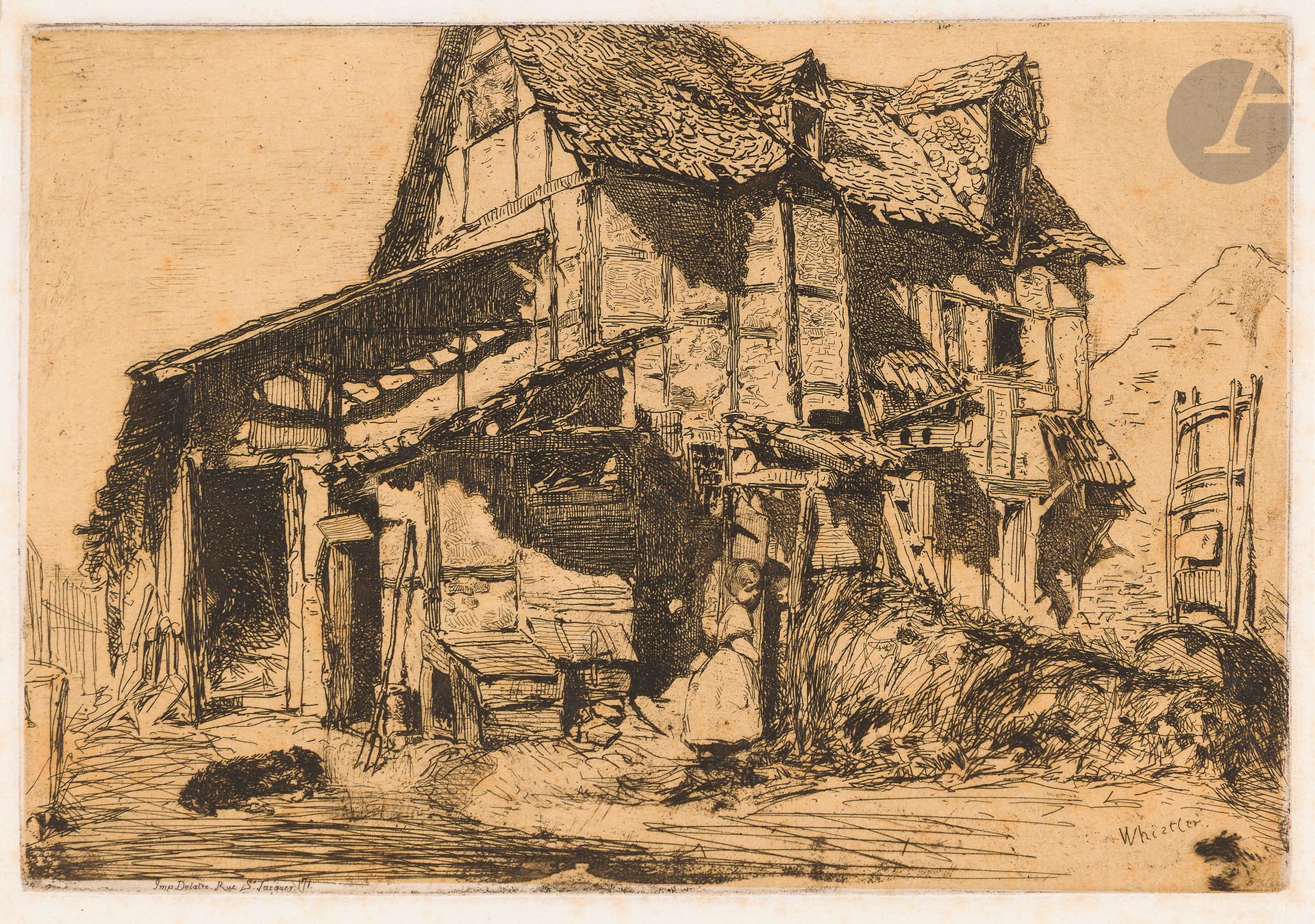 James Abbott McNeill Whistler (1834-1903)
The Unsafe Tenement (L’Habitation dangereuse). 1858. Eau-forte. 225 x 156. Kennedy 17. Très belle épreuve sur bulle chamois appliqué, du 3e état (sur 4), avant effaçage de l’adresse de Delâtre. Quelques rousseurs claires marginales et au verso. Marges étroites (3 à 5 mm). Joint : Alderney Street. 1881. Eau-forte (galvano). 111 x 178. Kennedy 238. Belle épreuve du tirage pour la Gazette des Beaux-Arts, annotée à la plume et à l’encre sépia « Bon à tirer » puis signée par Louis Gonse. Ondulations dues à la pression au tirage, trace claire d’oxydation marginale et empoussiérage au verso. Toutes marges. Ens. 2 p.  

Provenance :  Michel Romand (1929-2013), arrière-petit-fils d’Edmond Sagot (1857-1917). 
 Olivier, baron de Wismes (Jean-Baptiste Héracle Olivier de Blocquel de Croix de Wismes) (1814-1887) Né le 16 septembre 1814 à Paris, Olivier de Wismes est élevé dans un milieu aristocratique. Il est reçu à Saint-Cyr, mais la révolution de 1830 met un terme à cette première vocation. Il fait alors son droit et suit les cours d’archéologie de Raoul Rochette, étudie le dessin avec Hubert, la sculpture avec Dantan aîné, la gravure avec Ciceri. Il voyage à travers l'Allemagne et l'Italie et en rapporte des dessins. Avec son ami Octave de Rochebrune, graveur, il se livre avec passion à l’eau-forte. Il s’intéresse dès lors à la Haute-Bretagne, à l'Anjou, au Maine et au Poitou et devient une des figures les plus marquantes des arts et lettres de la région. Installé à Nantes depuis son mariage en 1844, il s’investit dans plusieurs sociétés savantes, co-fonde la Société Archéologique et Historique de Nantes et de Loire-Inférieure puis en devient le président de 1878 à 1881. Membre fondateur du musée archéologique en 1846, il contribue à son développement.