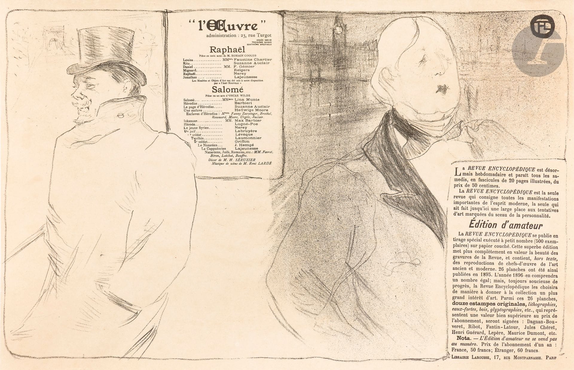 Henri de Toulouse-Lautrec (1864-1901)
Oscar Wilde et Romain Coolus – « Raphaël » de Romain Coolus ; « Salomé » d’Oscar Wilde. (Programme pour le Théâtre de l’œuvre). 1896. Lithographie. 488 x 300 [495 x 324]. Delteil 195 ; Wittrock 146 ; Aitken 80. Très belle et fraîche épreuve sur vélin mince glacé, avec la réclame pour la Revue encyclopédique et le texte de la distribution, doublée sur vélin blanc fort. Toutes marges. Rare : 13 épreuves dans des collections publiques selon Wittrock.