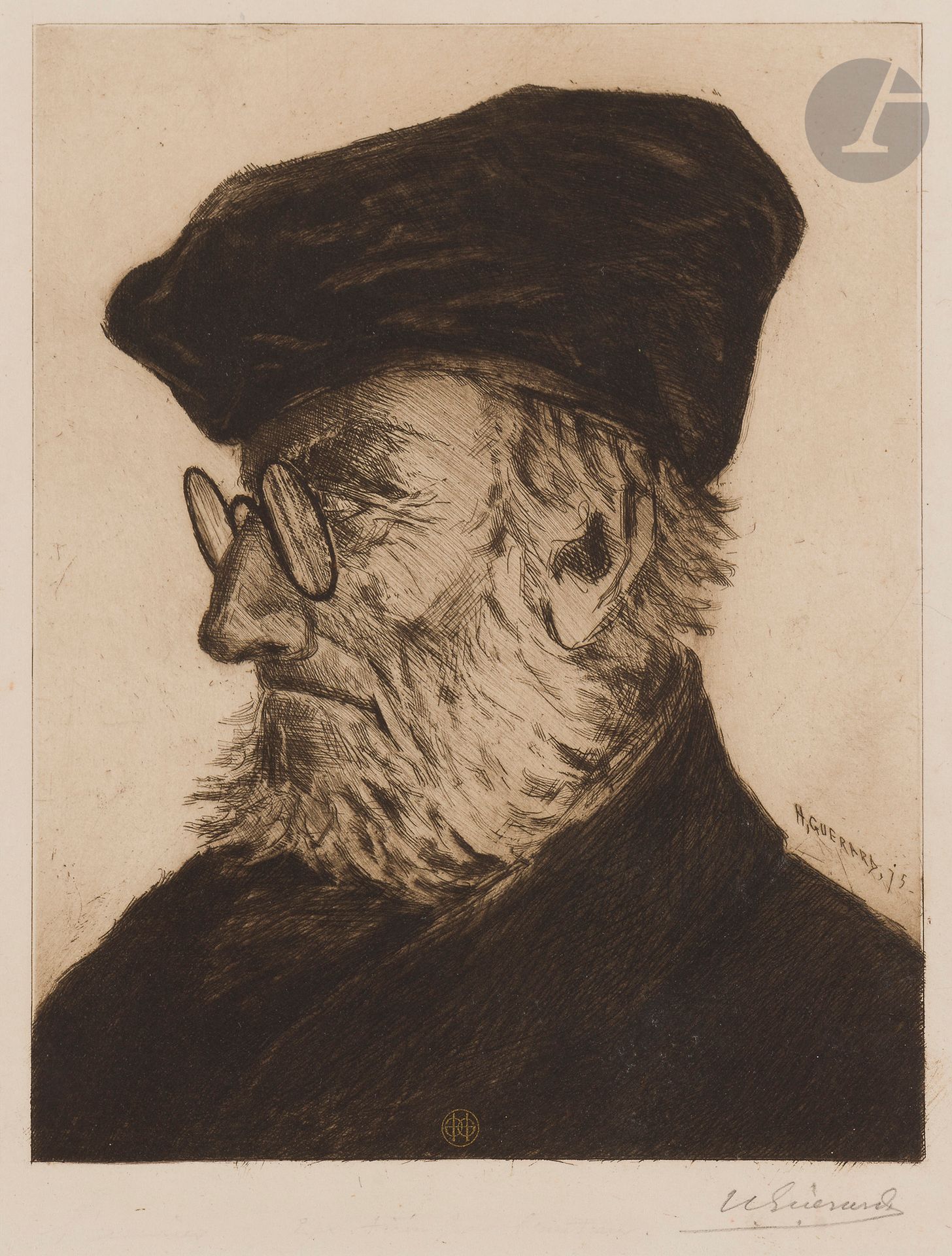Henri Guérard (1846-1897)
Portrait d’homme, de profil à gauche, coiffé d’un béret, avec lorgnons et barbiche. 1875. Eau-forte et pointe sèche. 200 x 250. Beraldi 185 ; Bertin 48. Très belle épreuve sur vergé crème, signée au crayon. Léger empoussiérage aux bords. Toutes marges.