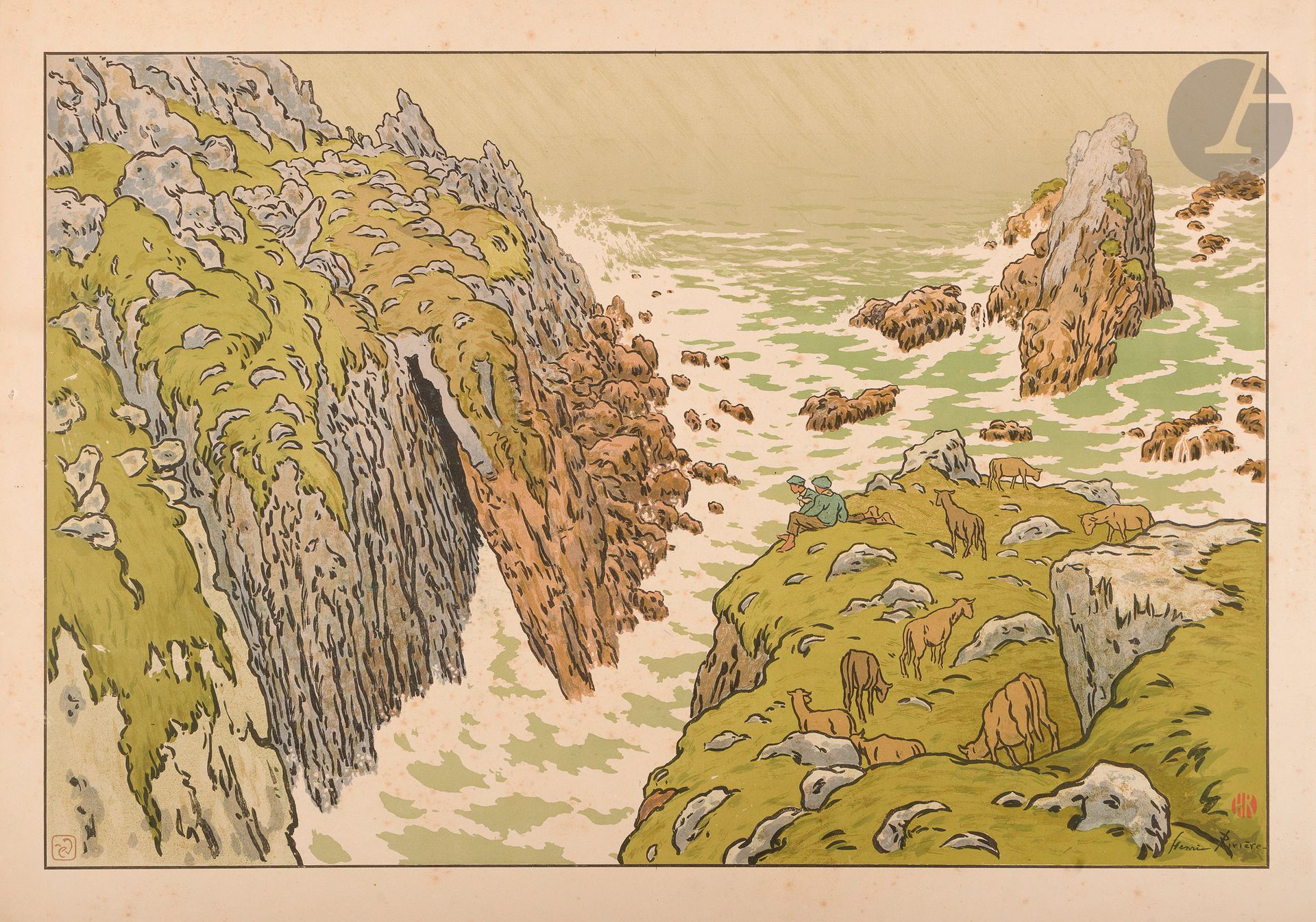 Henri Rivière (1864-1951)
La Falaise. (Aspects de la Nature, pl. 3). 1897. Lithographie. 828 x 550. Impression en couleurs. Levasseur-Le Bohec 3. Très belle épreuve sur vélin glacé. Rousseurs claires éparses. Toutes marges [900 x 645].