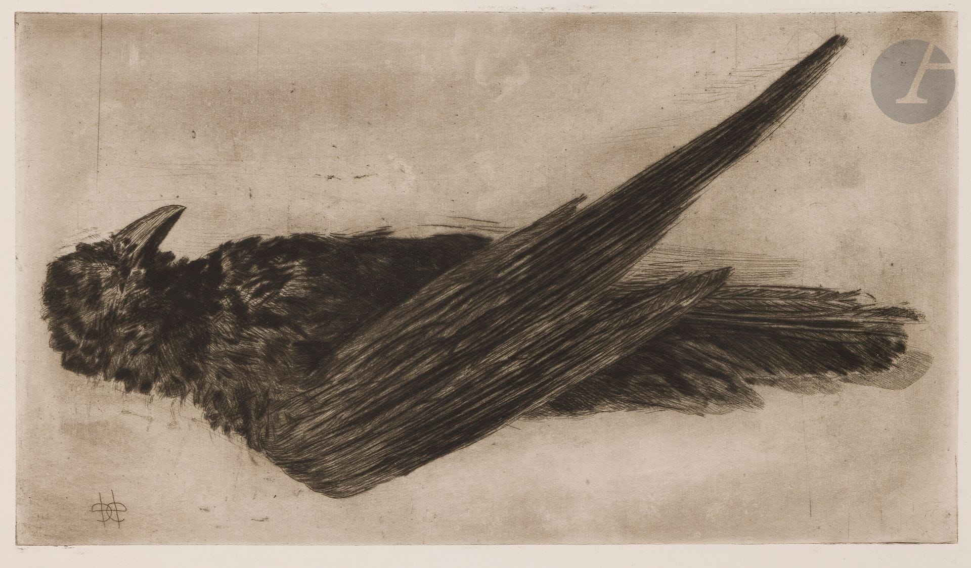Henri Guérard (1846-1897)
The Great Hanged Raven. Before 1888. Drypoint. 450 x 255. Bertin 322. Very fine proof printed with ground tint on cream laid paper. Creases and several short tears at right edge. Full margins.