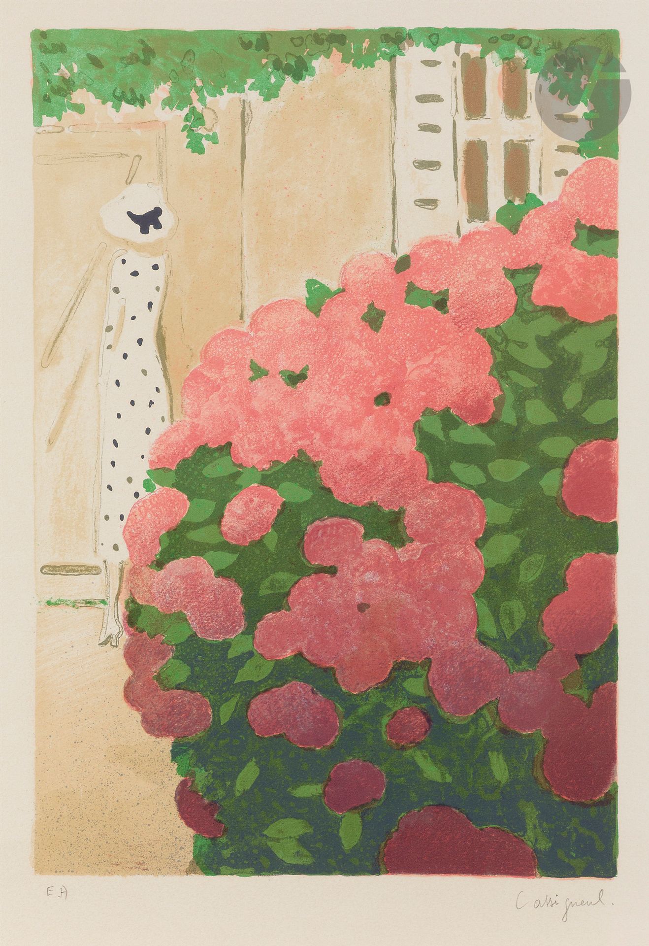 Jean-Pierre Cassigneul (né en 1935)
La Ferme aux hortensias. 1978. Lithographie. La feuille: 405 x 565 mm. Sauret 178. Impression en couleurs. Très belle épreuve sur vélin, justifiée «EA» et signée au crayon. Toutes marges. Tirage définitif à75 épreuves.