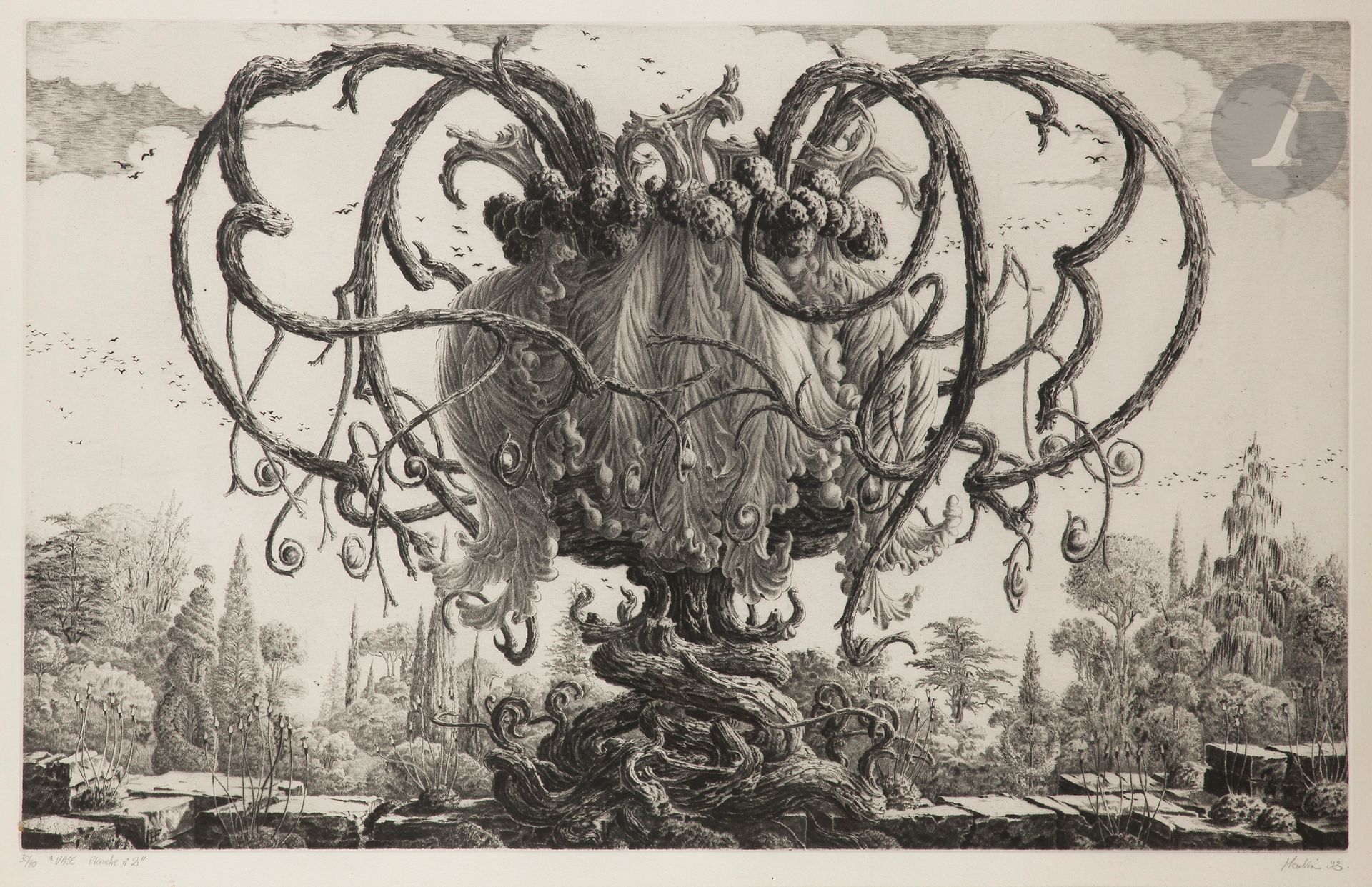 François Houtin (b. 1953) Vase, pl. n° 2. 1993. Etching and drypoint. À vue : 635 x 405 mm. A very fine proof on vellum, numbered, titled, signed and dated in pencil, as well as autographed and re-signed at the foot of the mount. Full margins. Edition of 80 proofs. Framed (not examined out of frame).