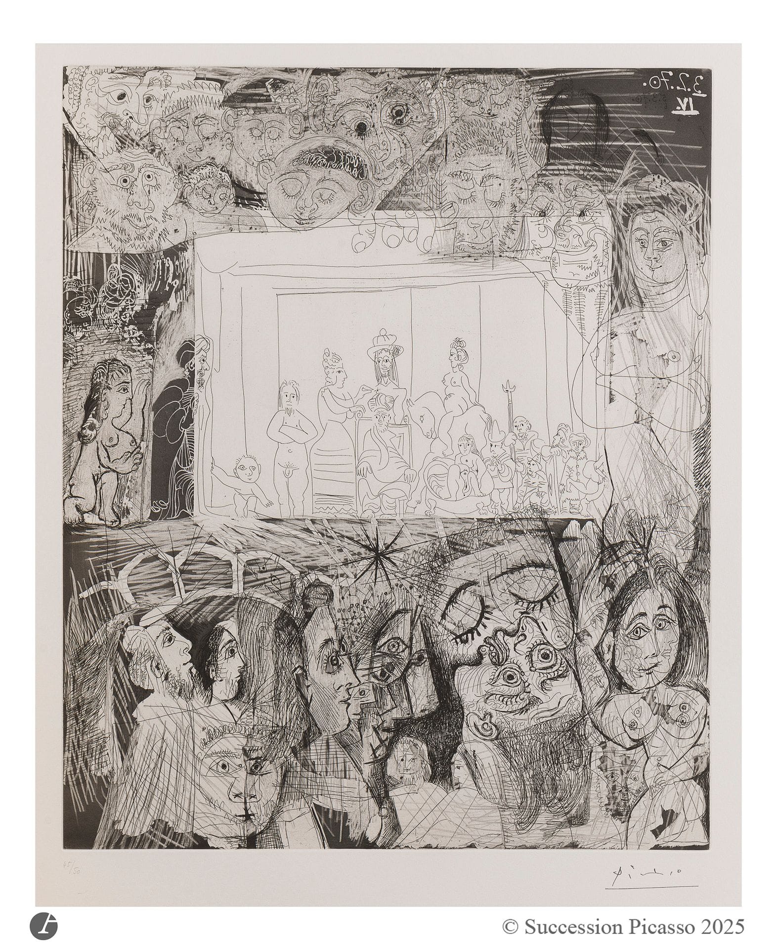 Pablo Picasso (1881-1973) 
«Ecce Homo» d’après Rembrandt. (Les 156, pl. 10). 4 février 1970. Aquatinte, eau-forte, grattoir et pointe sèche. 410 x 493 mm. Bloch 1865; Baer 1870. Parfaite épreuve sur vélin blanc, numérotée au crayon et revêtue du timbre de la signature (Lugt 2026e). Toutes marges. Tirage à 50 épreuves. Galerie Louise Leiris éd. (1978).