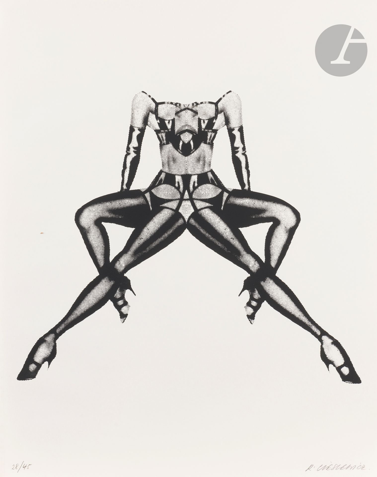 Roman Cieślewicz (polonais, 1930-1996)
Jambes aux bas. Vers 1978. Sérigraphie. La feuille: 500 x 650 mm. Très belle épreuve sur vélin blanc, numérotée et signée au crayon. Toutes marges. Tirage à 45 épreuves. 
Provenance: collection Lilette Berger, veuve de Sam Szafran (1934-2019), Malakoff.