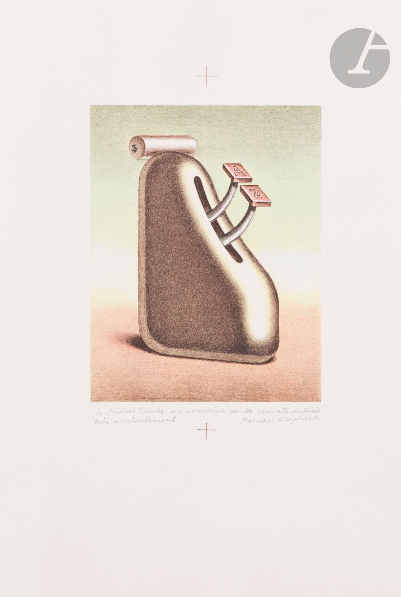 Konrad Klapheck (German, 1935-2023) Von A bis Z. 1985. Lithography. Sheet size: 300 x 450 mm. Printed in color. Perfect trial proof on white vellum, before erasure of the crosses, dedicated "to Michel Troche in memory of the tie forgotten very friendly" and signed in pencil. All margins. Final edition of 100 proofs.