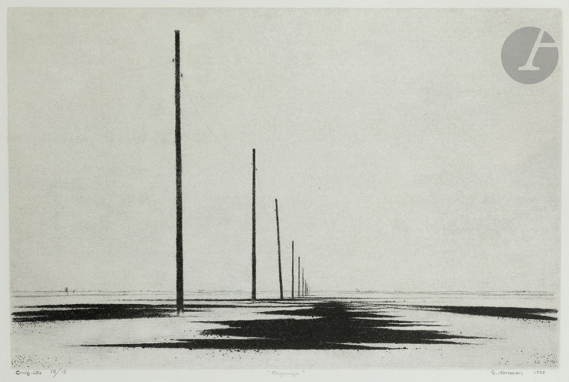 Gunnar Norrman (Swedish, 1912-2005) Dagsmeja (Day). 1955. Lithograph. À vue : 378 x 270 mm. Very fine proof on white vellum, annotated, numbered, titled, signed and dated in pencil. Full margins. Edition of 15 proofs. Framed (not examined out of frame).