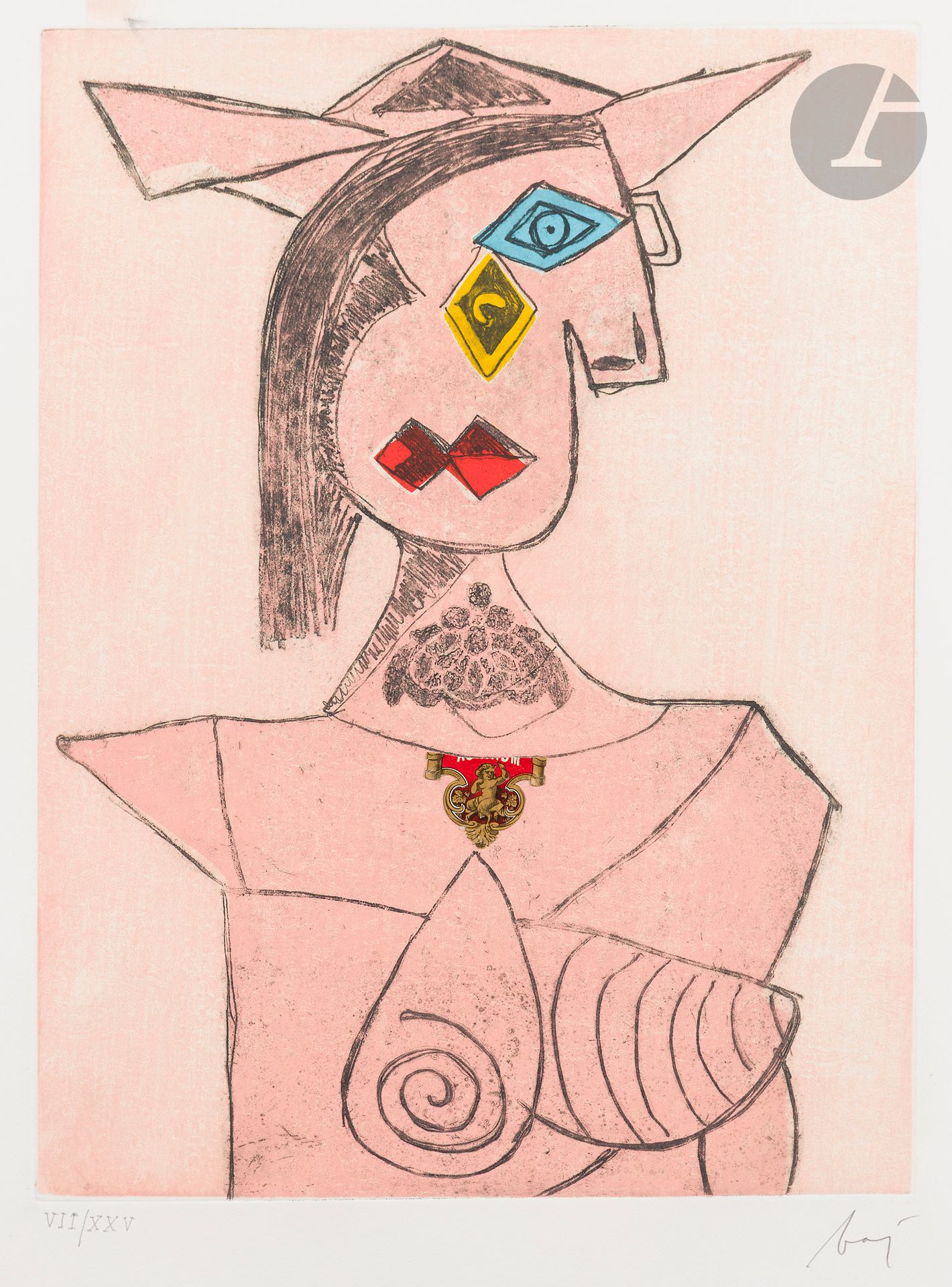 Enrico Baj (italien, 1924-2003) 
Baj chez Picasso. Paris, galerie Creuzevault, 1969. Un album in-fol. [520 x 725 mm], en feuilles, contenant 12 pl. Eau-forte et aquatinte. Très belles et fraîches épreuves sur vélin blanc, numérotées et signées au crayon, précédées des feuillets de textes inédits par André Pieyre de Mandiargues, Dino Buzzati, Edoardo Sanguineti, Jean Cassou, Pierre Seghers, Raymond Queneau. La serpente collée à la surface de la 1re pl. Toutes marges. Tirage à 100 épreuves. Exemplaire numéroté (n° VII) et signé. Portefeuille à rabats orné de l’édition.