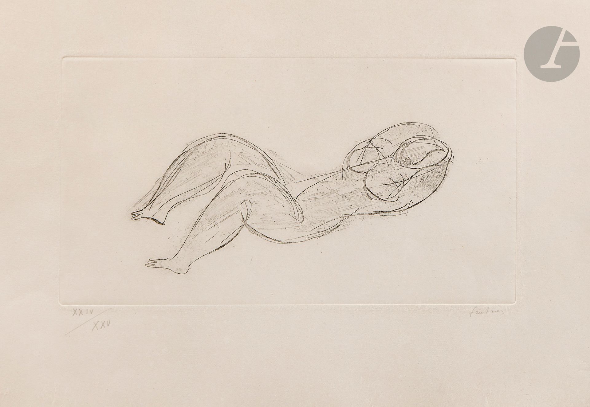 Jean Fautrier (1898-1964)
Sommeil. 1937. Eau-forte. La feuille: 515 x 365 mm. Mason 246 I C. Très belle épreuve sur japon ancien, l’une des 25 numérotées en chiffres romains et signée au crayon. Infime trace d’oxydation aux bords. Toutes marges. Tirage Couturier (années 1960). Cadre (non examinée hors du cadre).