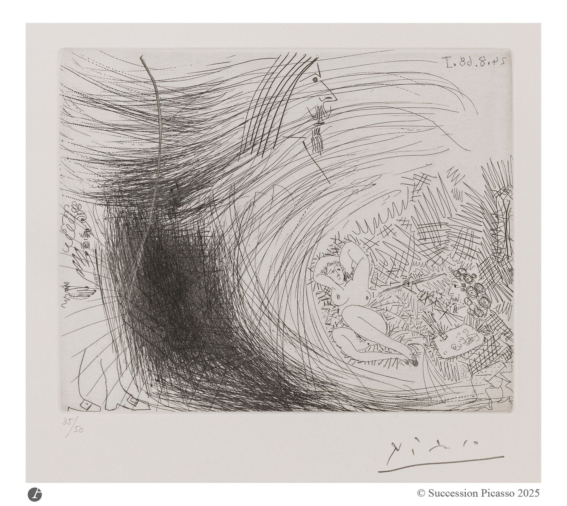 Pablo Picasso (1881-1973) 
Rêve éveillé du gentilhomme: surprendre, en voyeur, le peintre peignant sur son modèle. (Les 347, pl. 294). 24 août 1968. Eau-forte. 208 x 165 mm. Bloch 1714; Baer 1731. Parfaite épreuve sur vélin blanc, numérotée et signée au crayon. Toutes marges. Tirage à 50 épreuves. Galerie Louise Leiris éd. (1969).