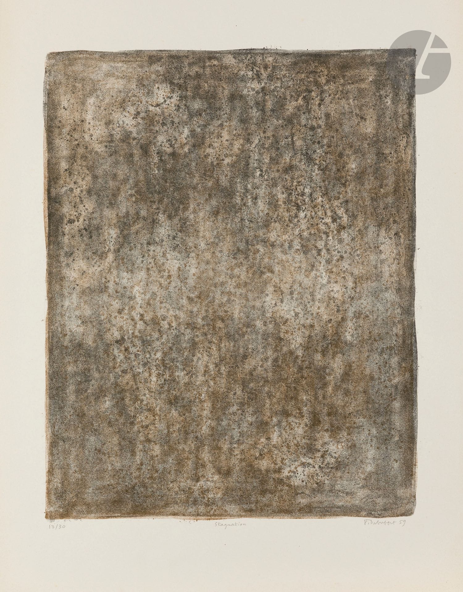 Jean Dubuffet (1901-1985)
Stagnation. (Pl. VII pour l’album Champs de silence). 1958. Lithographie. La feuille: 450 x 635 mm. Webel 651. Impression en deux tons. Très belle épreuve sur vélin, numérotée, titrée, signée et datée au crayon. Toutes marges. Tirage à 30 épreuves.