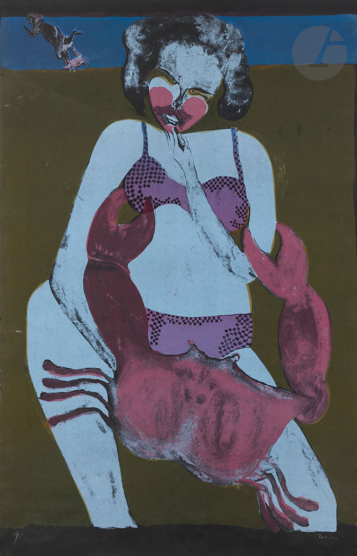 Francisco Toledo (mexicain, 1940-2019)
Femme au crabe. 1979. Lithographie. La feuille: 640 x 1000 mm. Impression en couleurs. Belle épreuve sur vélin noir, numérotée et signée au crayon. Menus accidents et quelques plis de manipulation aux bords. Toutes marges. Tirage à 100 épreuves.