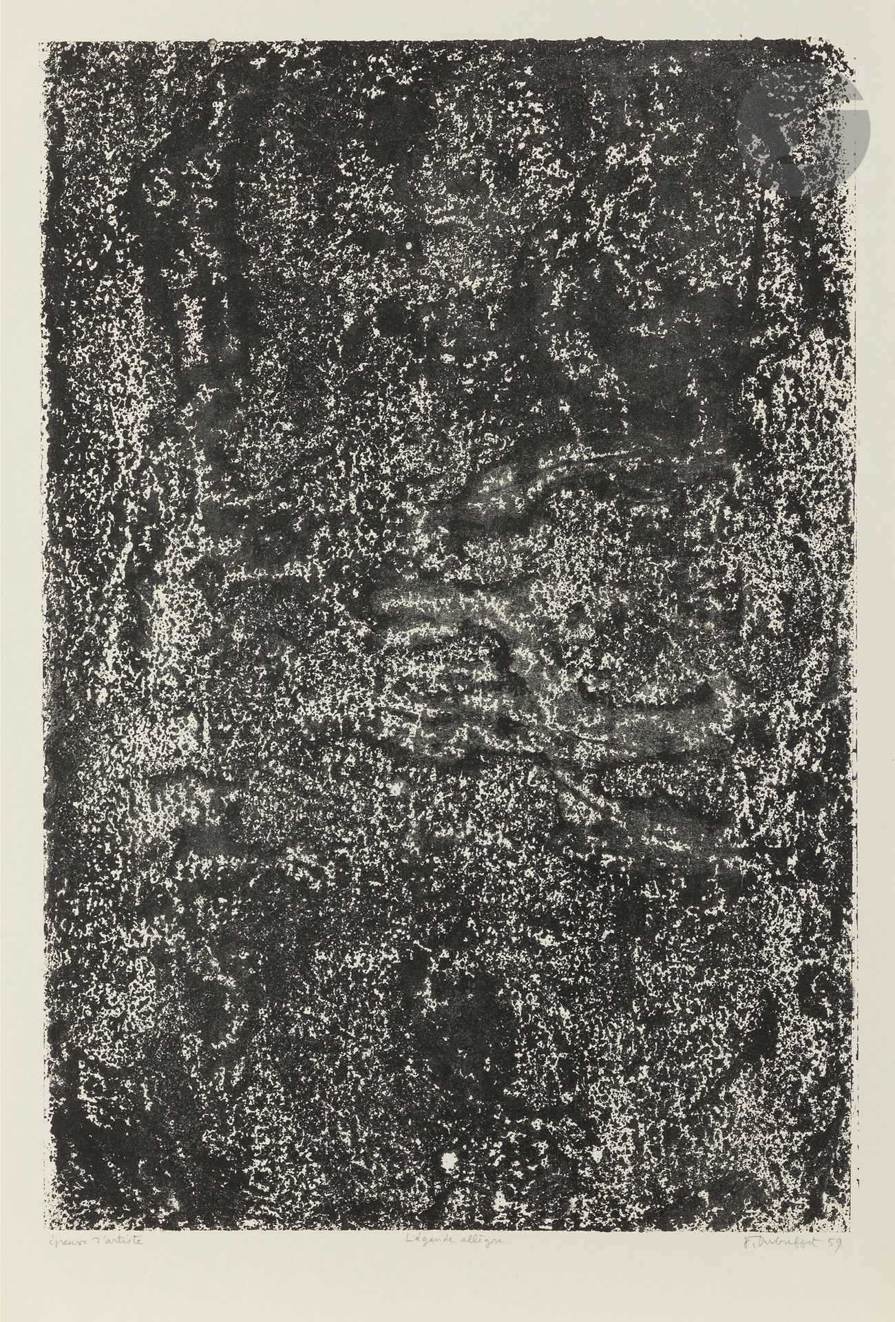 Jean Dubuffet (1901-1985)
Légende allègre. (Pl. XVII pour l’album Théâtre du sol). 1959. Lithographie. La feuille: 450 x 635 mm. Webel 543. Très belle épreuve sur vélin, justifiée «épreuve d’artiste» et signée au crayon. Toutes marges. Tirage à 25 épreuves.