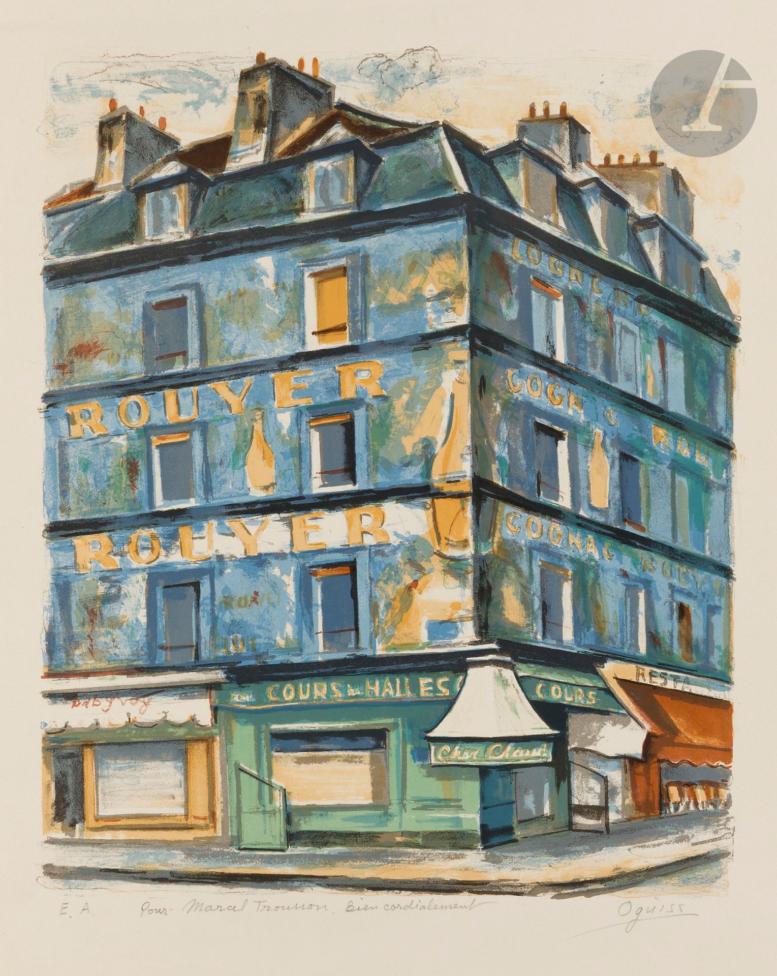 Takanori Oguiss (1901-1986)
Cours des Halles. 1981. Lithographie. La feuille: 488 x 635 mm. Impression en couleurs. Très belle épreuve sur vélin blanc, justifiée «E.A.», dédicacée et signée au crayon. Long pli oblique en travers de la marge supérieure. Toutes marges.