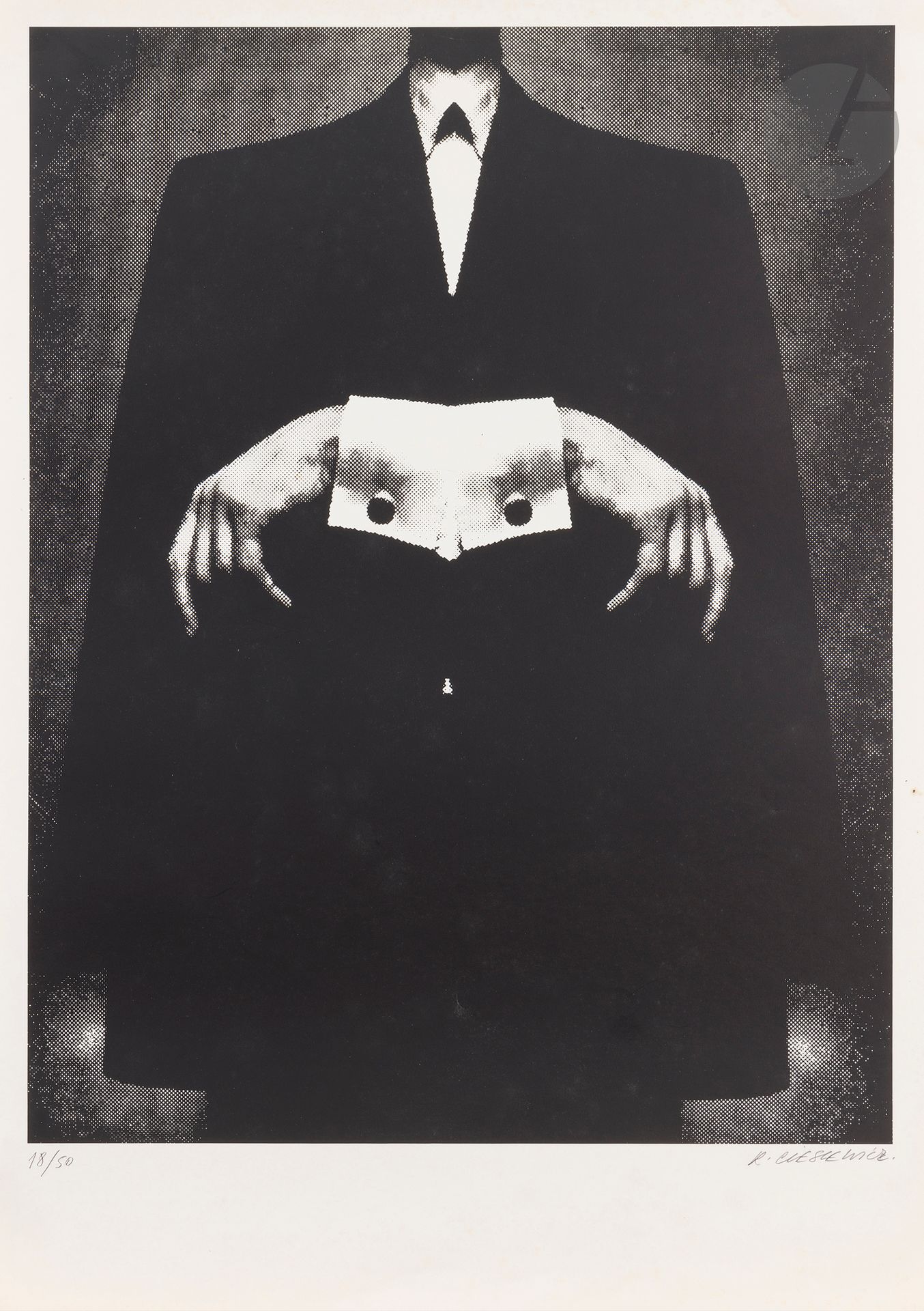 Roman Cieślewicz (Polish, 1930-1996) Costume. Circa 1978. Silkscreen print. Sheet size: 500 x 650 mm. Very fine proof on glazed white vellum, numbered and signed in pencil. Slight foxing to the right edge. Full margins. Edition of 50 proofs. Provenance: collection of Lilette Berger, widow of Sam Szafran (1934-2019), Malakoff.