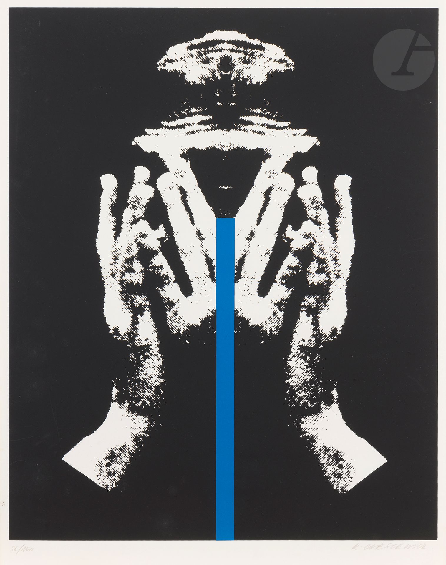 Roman Cieślewicz (Polish, 1930-1996) The Blue Line. Circa 1978. Silkscreen in black and blue. Sheet size: 500 x 650 mm. Very fine proof on white vellum, numbered and signed in pencil. Full margins. Edition of 100 proofs. Provenance: collection of Lilette Berger, widow of Sam Szafran (1934-2019), Malakoff.