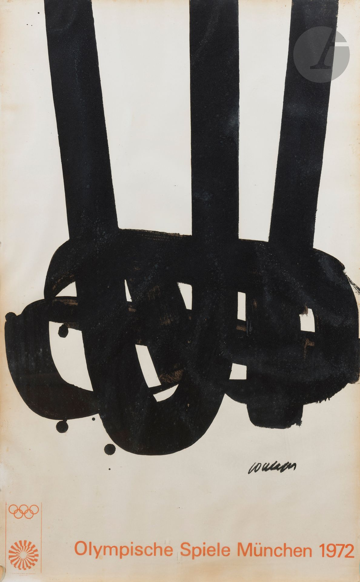 Pierre Soulages (1919-2022) 
Pl. pour un album collectif sur les Jeux Olympiques de Munich. 1972. Lithographie (tirage offset) d’après Lithographie n° 29 (éditions Olympia, Mourlot imp.). 630 x 1020 mm. Miessner-Encrevé 77. Bonne épreuve sur vélin mince blanc. Oxydation et rousseurs aux bords du feuillet. Menus accidents et salissures en surface. Sous verre. Joint: Victor Vasarely (1906-1997) (d’après). Pl. pour le même album. 1972. Sérigraphie en couleurs (Kroll Siebdruck). 640 x 1020 mm. Mêmes tirage et condition. Ens. 2 p.
