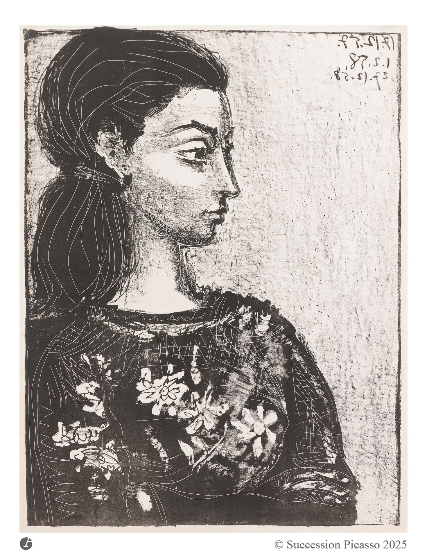 Pablo Picasso (1881-1973) (d’après)
Femme au corsage à fleurs. Tirage offset d’après la lithographie de 1958. La feuille: 505 x 655 mm. Belle épreuve sur vélin crème. Toutes marges.