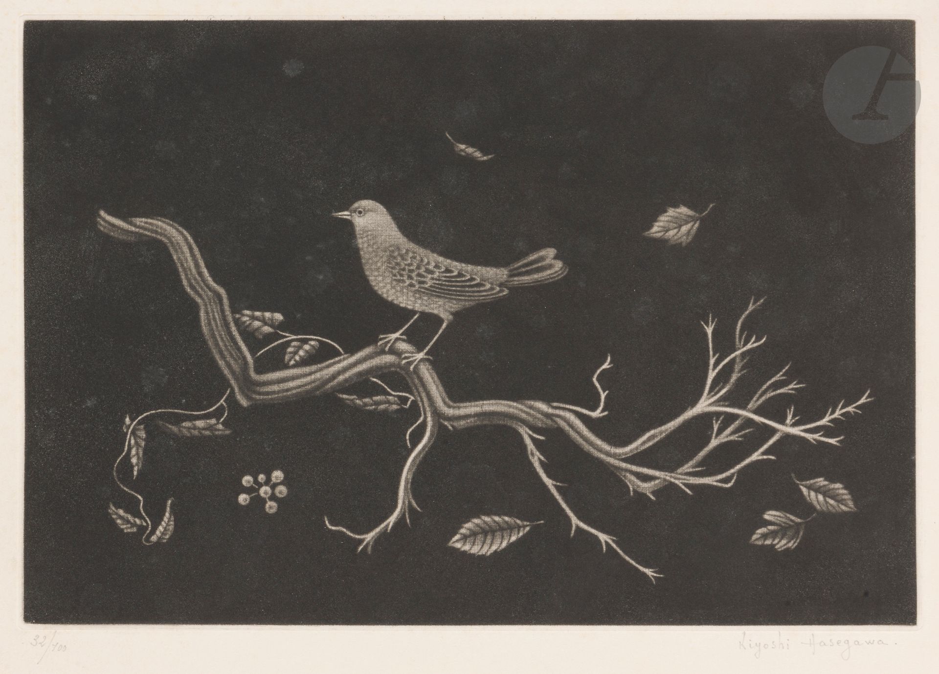 Kiyoshi Hasegawa (Japanese, 1891-1980) Bird on root. 1960. Manière noire. 290 x 195 mm. Reifushobo 318. Very fine proof on cream vellum, numbered and signed in pencil. Very light scattered foxing. Short handling creases. Small traces of rubbing visible on surface. Full margins. Edition of 100 proofs.