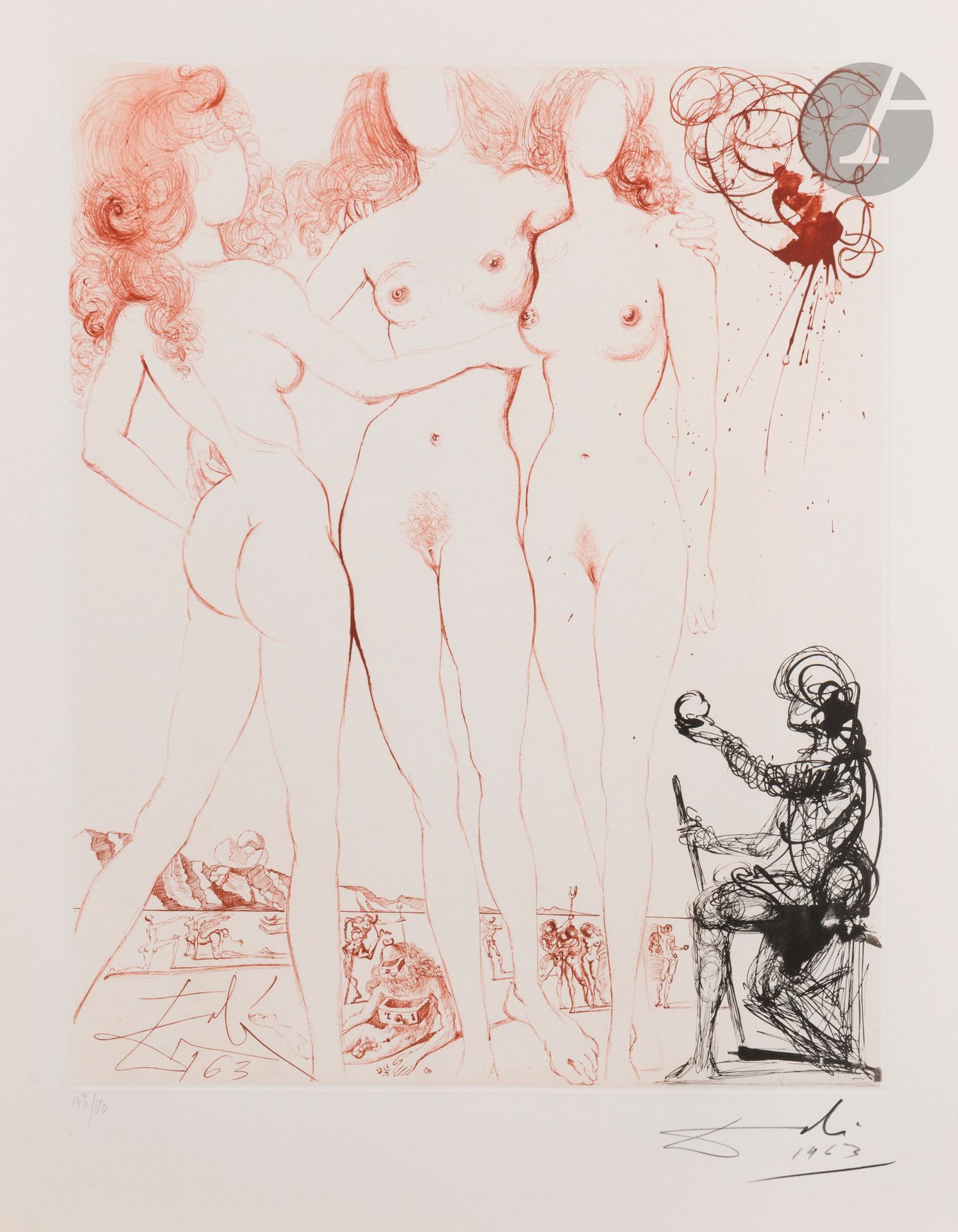 Salvador Dalí (1904-1989) The Judgment of Paris (Mythology, pl. 8). 1963-1965. Heliogravure and drypoint. 505x401 mm. Michler and Löpsinger 123, printed in black and sanguine. Very fine proof on "Arches" watermarked vellum, signed and dated "1963" in pencil. Light traces of oxidation at the edges. Full margins. Edition of 150 proofs on this paper. Argillet ed.