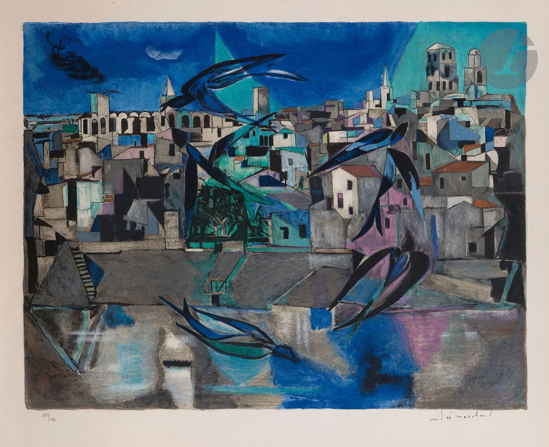 André Marchand (1907-1997)
La Ville aux hirondelles (Arles). 1960. Lithographie. La feuille: 940 x 750 mm. Impression en couleurs. Réunion de 2 belles épreuves sur vélin, numérotées et signées à la plume et à l’encre. Légère oxydation du feuillet et infime déchirure aux bords à une pl. Toutes marges. Tirage à 180 épreuves. Les Bibliophiles de Provence éd. 
Provenance : collection Colette Creuzevault (1931-2019).