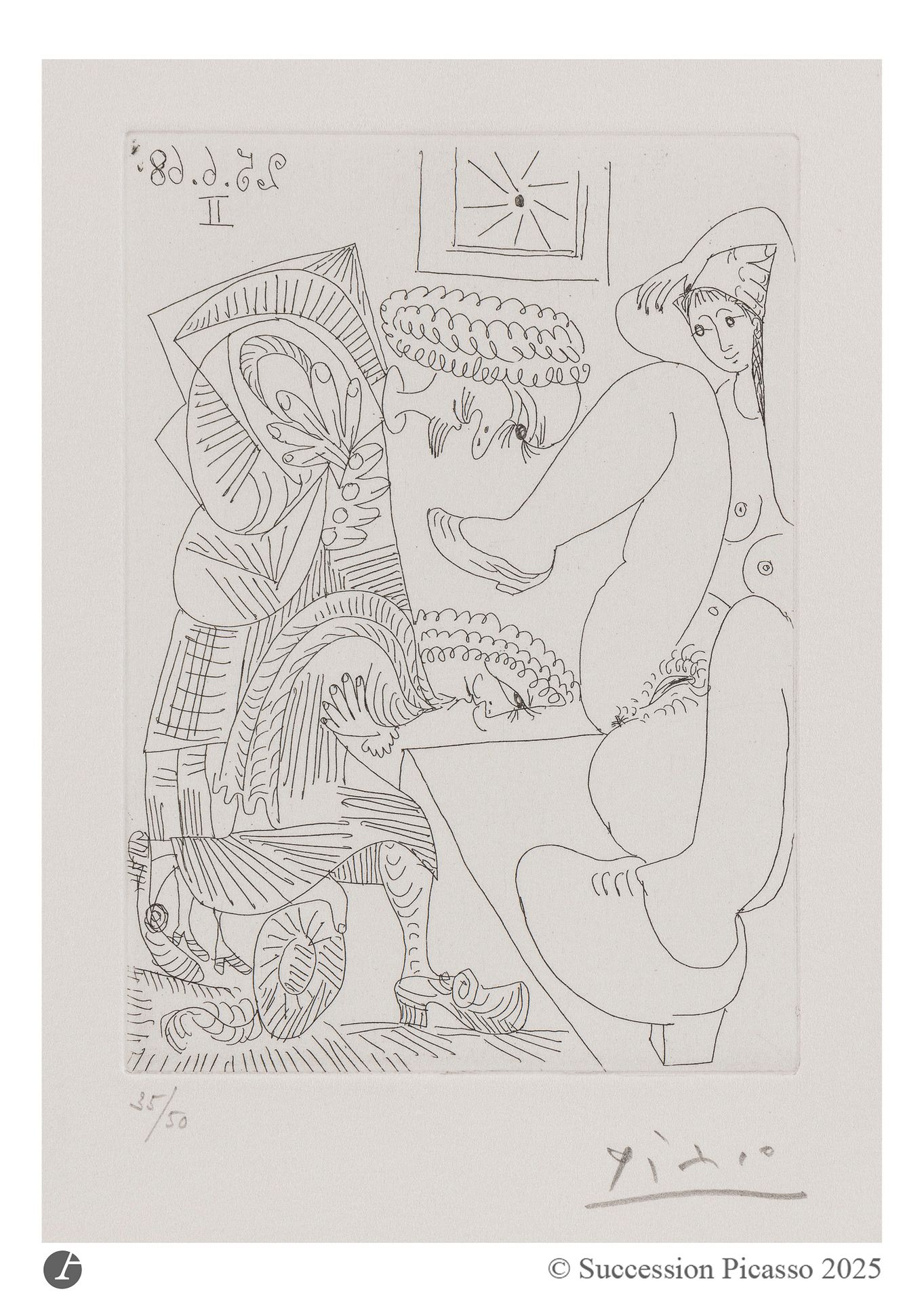 Pablo Picasso (1881-1973) 
Jeune femme montrant son sexe à deux courtisans grotesques prosternés. (Les 347, pl. 184). 25 juin 1968. Eau-forte. 89 x 124 mm. Bloch 1664; Baer 1680. Parfaite épreuve sur vélin blanc, numérotée et signée au crayon. Toutes marges. Tirage à 50 épreuves. Galerie Louise Leiris éd. (1969).