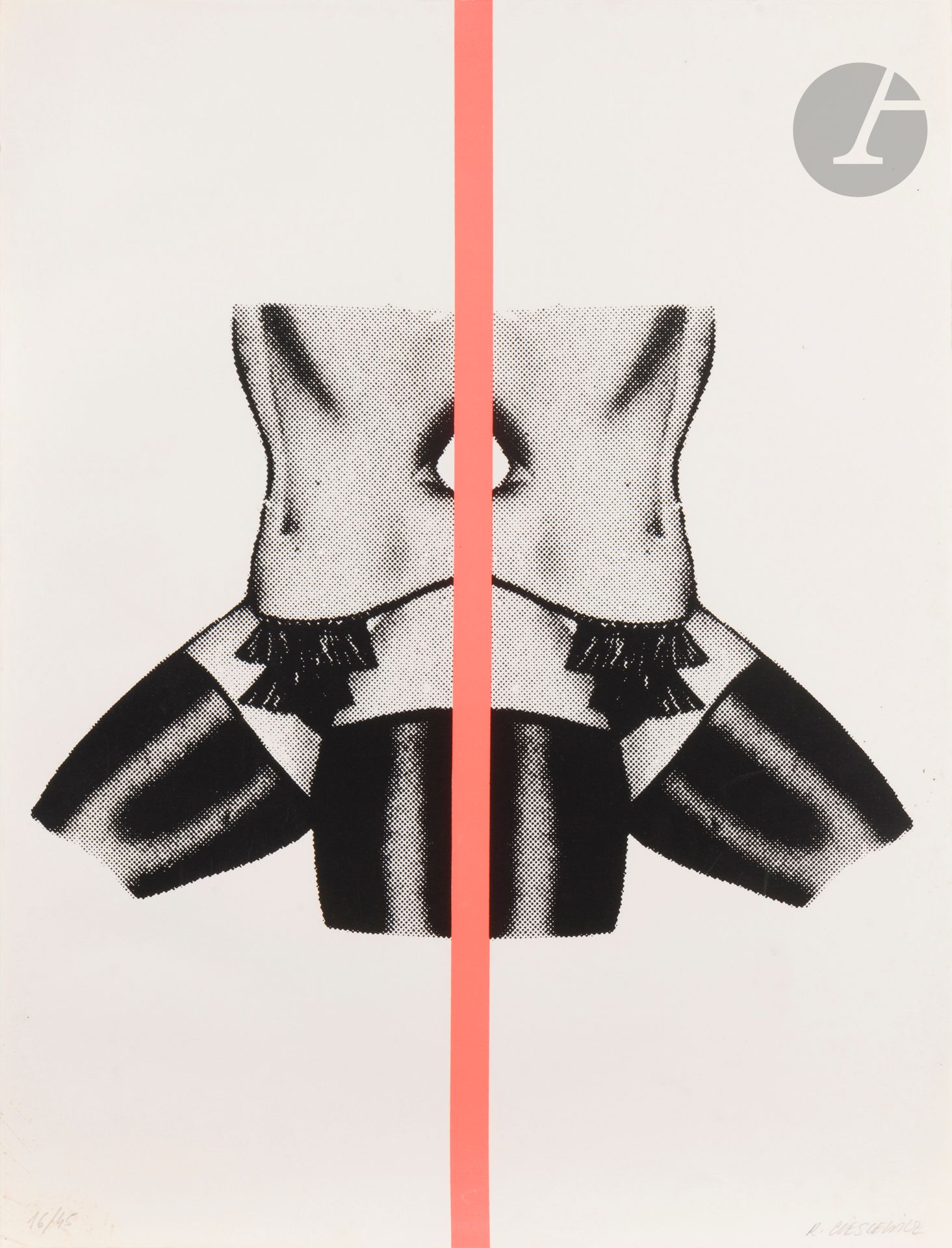 Roman Cieślewicz (polonais, 1930-1996)
La Ligne orange. Vers 1978. Sérigraphie. La feuille: 500 x 650 mm. Très belle épreuve sur vélin blanc, numérotée et signée au crayon. Infimes rousseurs en bas à gauche. Petits enfoncements et salissures au verso. Toutes marges. Tirage à 45 épreuves. 
Provenance: collection Lilette Berger, veuve de Sam Szafran (1934-2019), Malakoff.